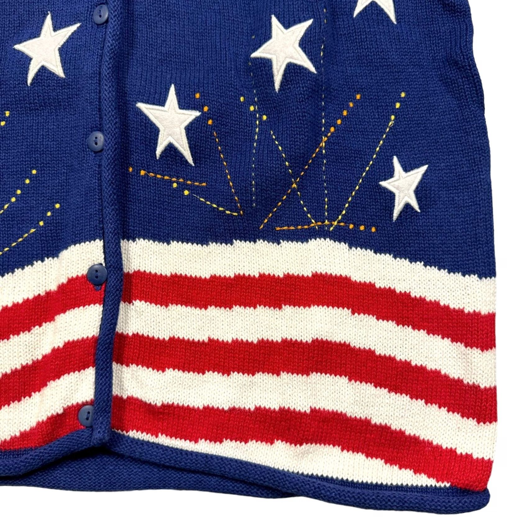 Quacker Factory USA Sweater Vintage Men's L Knit Embroidered Stars Stripes Short Sleeve 4th July Cardigan Cotton Blend Regular Sailor Blue 90s Patriotic Mens Size US L / EU 52-54 / 3 - 2 Thumbnail