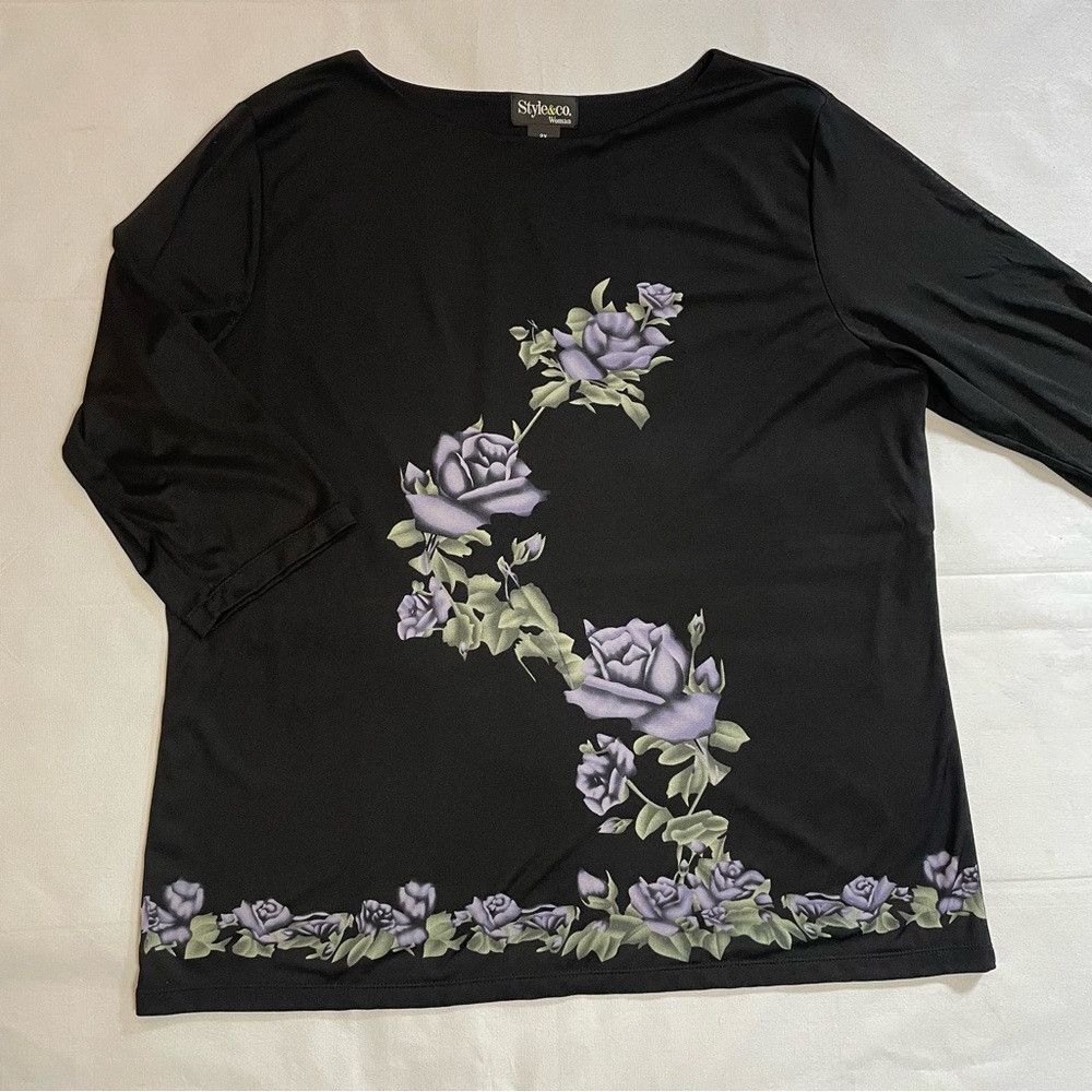 Other Style & Co Black Floral 4/2 Sleeve Top Size 2X Size XXL / US 16-18 / IT 52-54 - 6 Thumbnail
