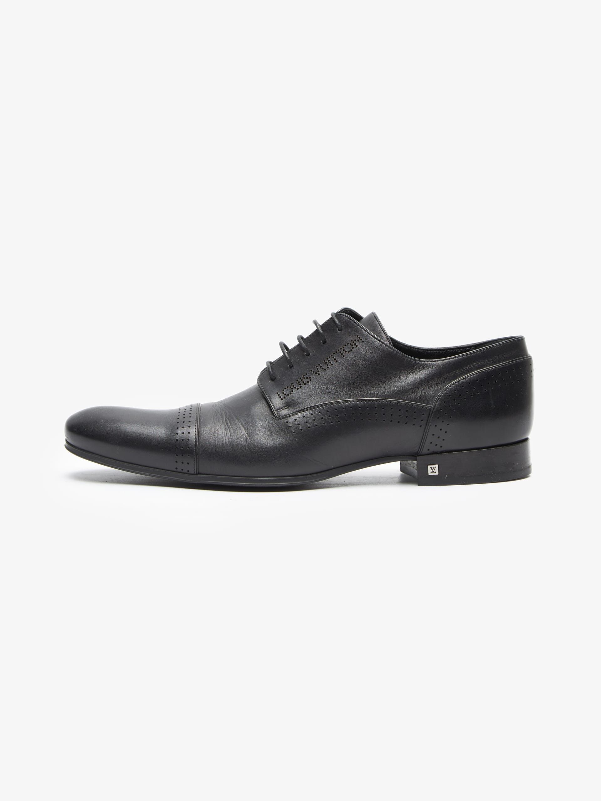 image of Louis Vuitton Black Pointed Logo Leather Derby Shoes, Men's (Size 10)