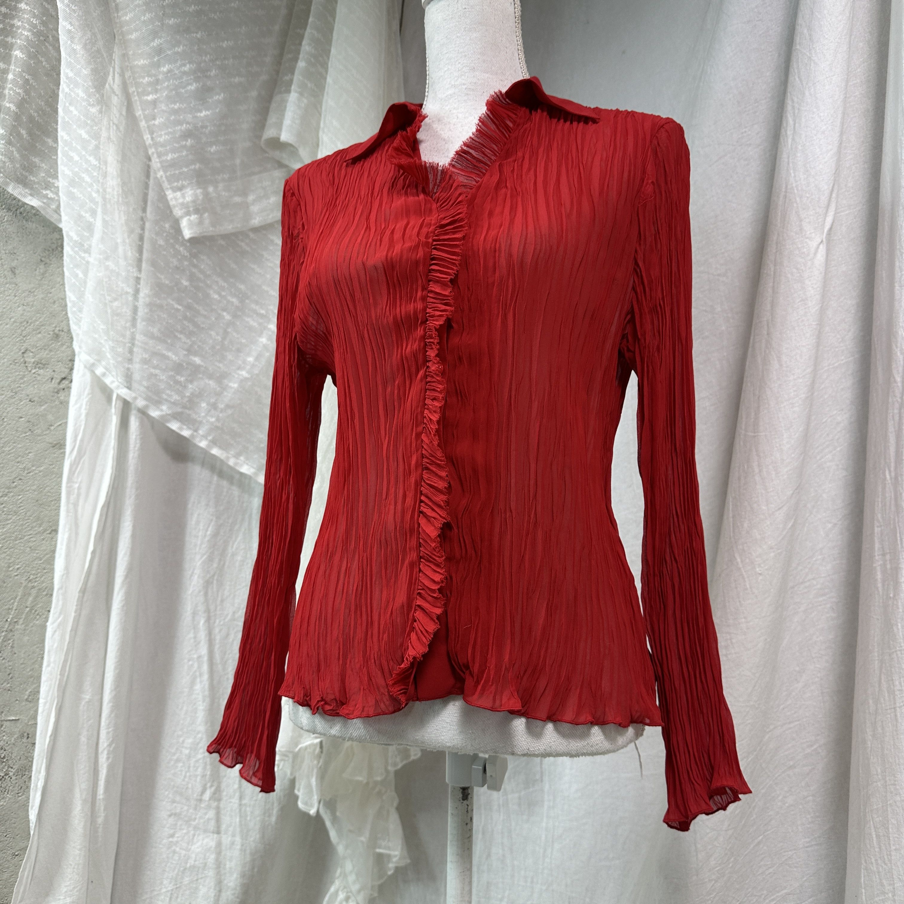 Vintage Vintage Avant Garde Cherry Red Pleated Sheer Shirt Y2K Size M / US 6-8 / IT 42-44 - 5 Thumbnail