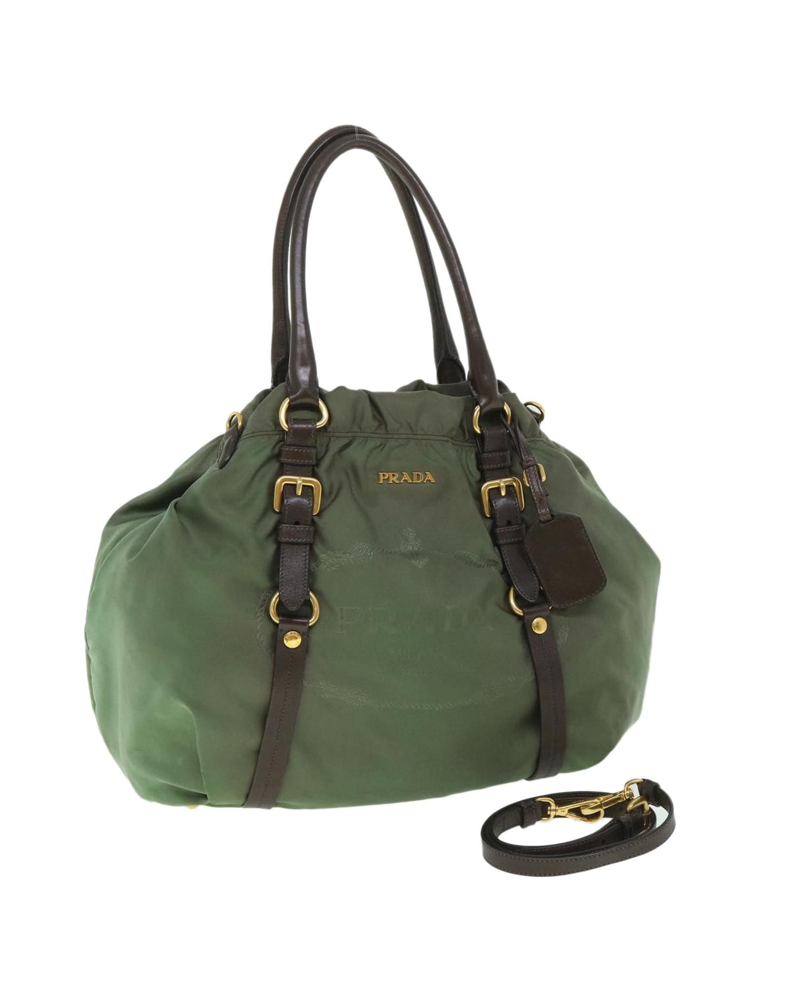 image of Prada Nylon Leather 2Way Hand Bag Green Brown, Women's