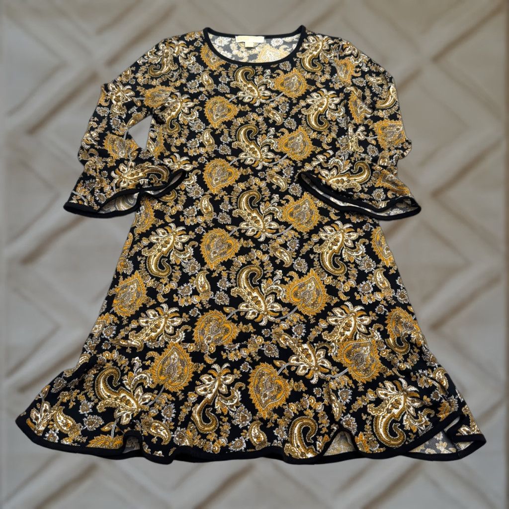 Michael Kors Michael Kors Paisley Bell Sleeve Tunic Mini Dress Womens M Black Gold NWOT Size M / US 6-8 / IT 42-44 - 1 Thumbnail