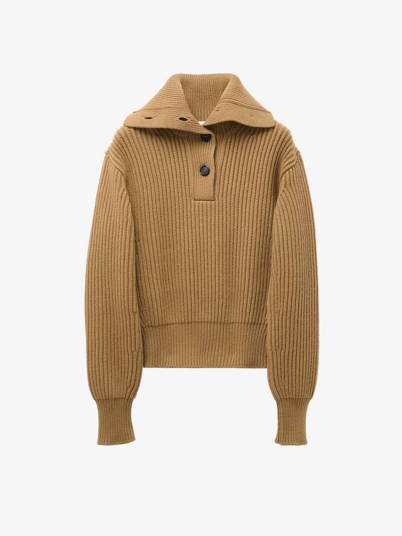 Alexander McQueen o1srvl11e0226 Funnel Neck Buttoned Neck Jumper In Camel Size M / US 6-8 / IT 42-44 - 1 Thumbnail