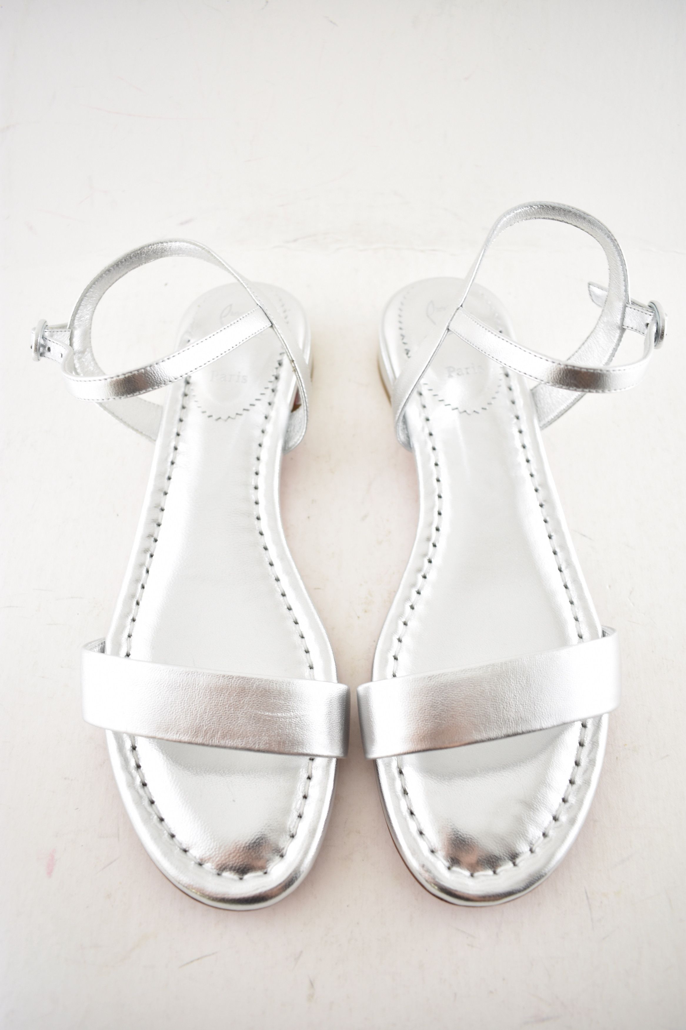 Christian Louboutin Sweet Jane Sandal Flat Silver Nappa Leather Ankle Strap 40.5 Size US 10.5 / IT 40.5 - 5 Thumbnail