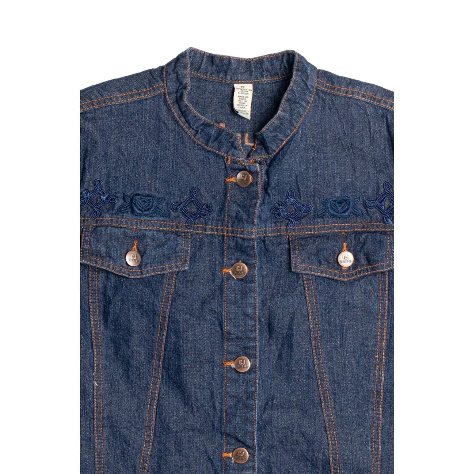 Denime Vintage CJ Blue Denim Jacket Large Embroidered Button Front Blue Jean Coat Mens Jacket Size US 33 - 2 Thumbnail