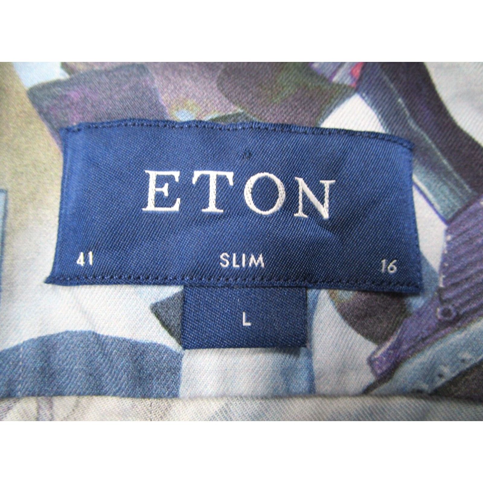 Eton ETON Dress Shirt Mens 16 41 Large Slim Blue Art Deco Designer Geometric 100% Cotton Button-Down Collar Shirt Mens Slim Fit Size 42R - 3 Thumbnail