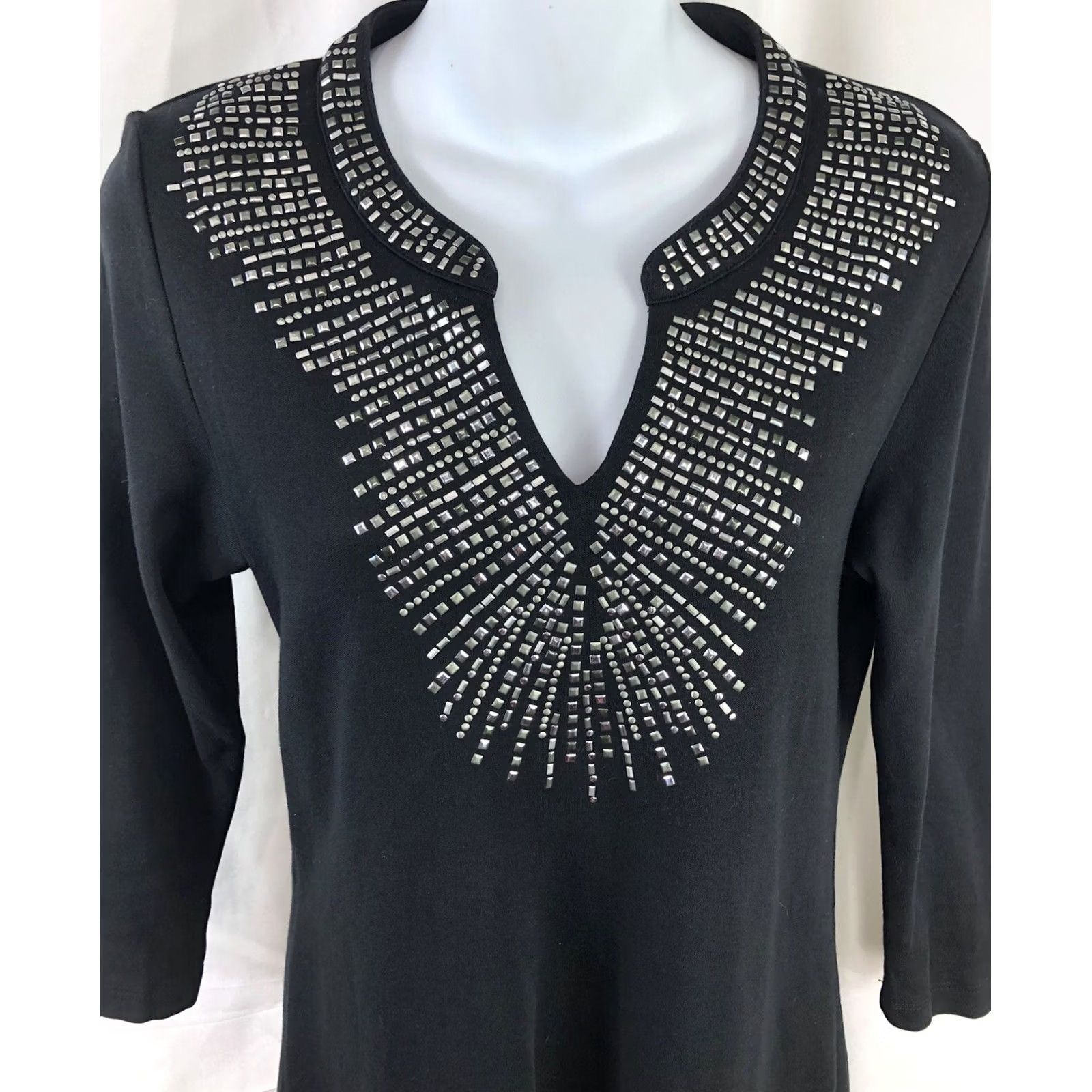 JM Collection JM Collection tunic top S Blk Stud Beaded V-Neck Longsleeve Metal Rock Gothic Size S / US 4 / IT 40 - 2 Thumbnail