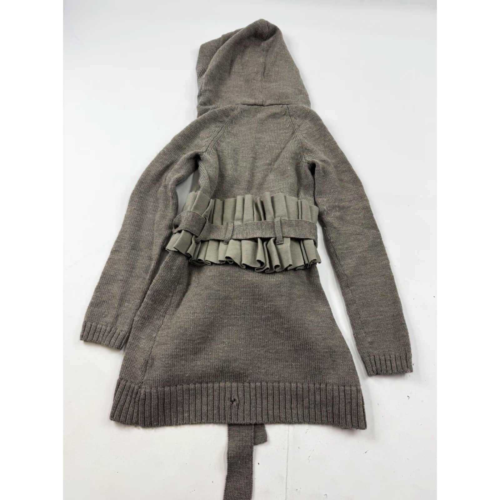 Vintage Charlie & Robin Cardigan Sweater Womens XS Gray 100% Wool Hooded Belted Ruffle Knit Open Front Winter Casual Mens Womens Girls Boys Size XS / US 0-2 / IT 36-38 - 5 Thumbnail