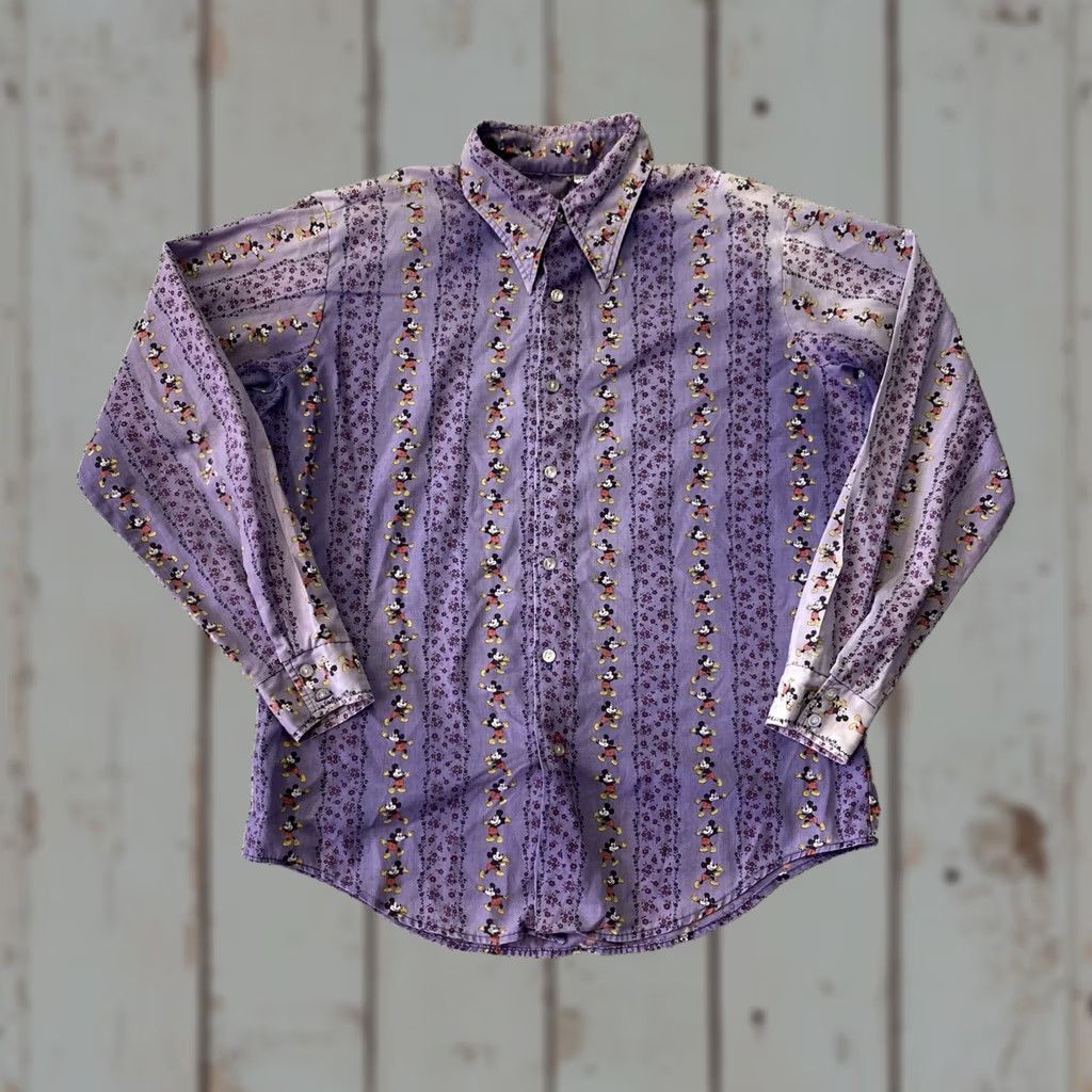 Disney VINTAGE 70s Disney Mickey Mouse Button Up Shirt Mens XL Dagger Collar Purple Polyester Size US XL / EU 56 / 4 - 1 Thumbnail