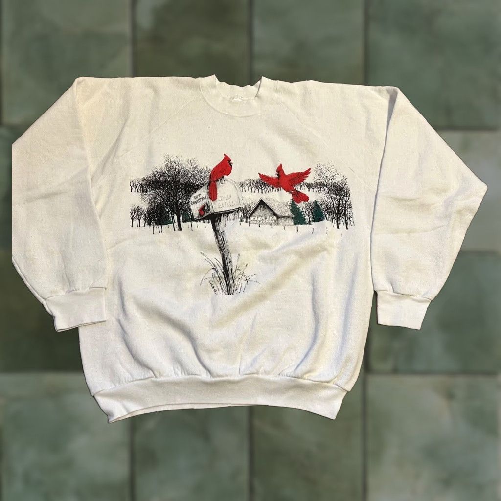 Fruit Of The Loom VINTAGE 90s Fruit of the Loom Cardinals Mailbox Barn Winter Scene Sweatshirt XL White Graphic Print Mens Size US XL / EU 56 / 4 - 1 Thumbnail
