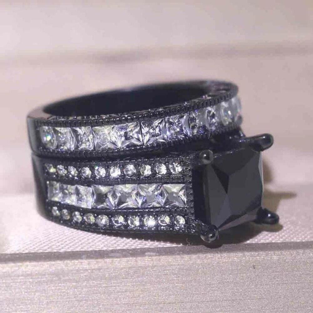 Designer 2Pcs 925 Silver Black Zircon Engagement Ring Set - Size 5 Size ONE SIZE - 4 Thumbnail