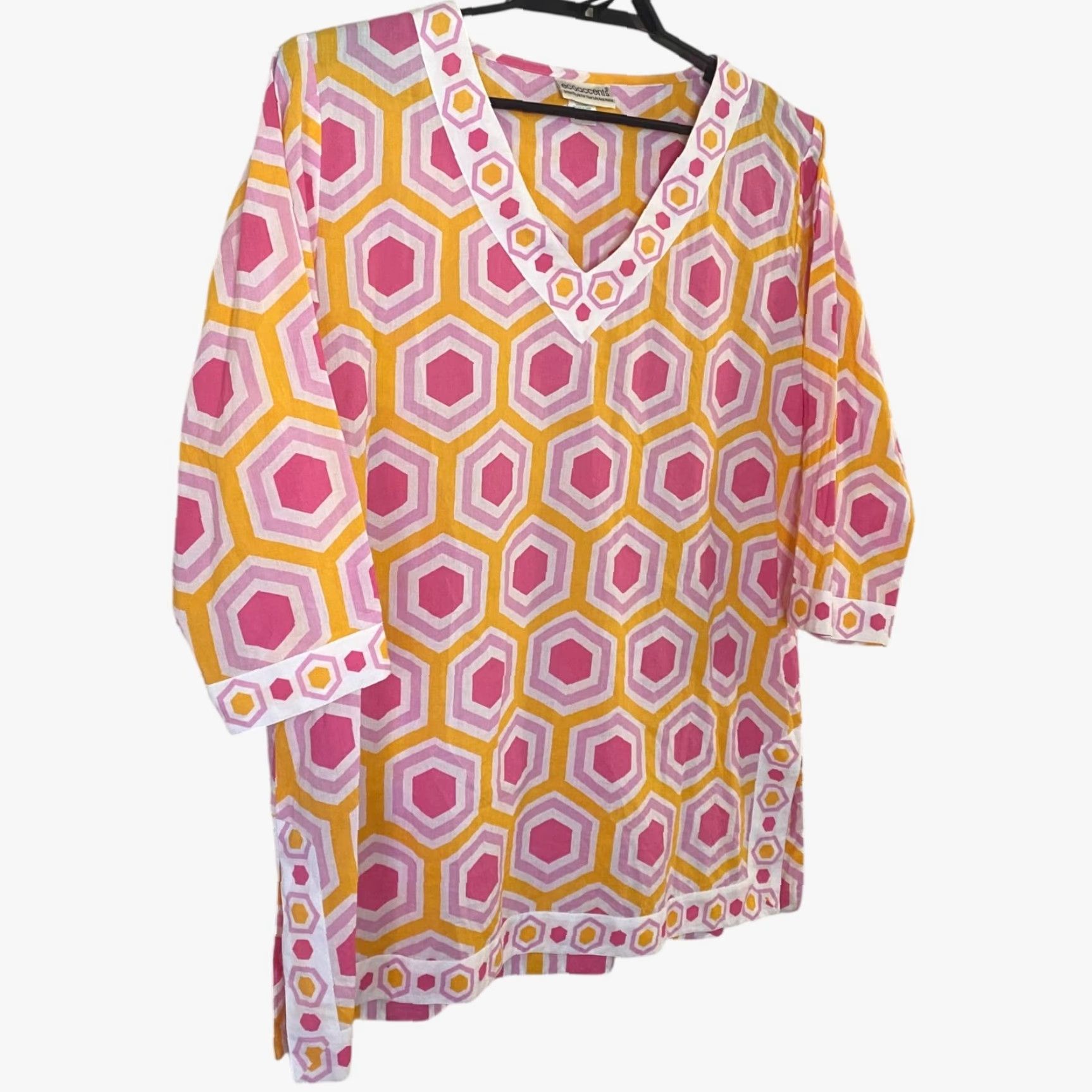 Vintage Ecoaccents Geometric V-Neck Tunic 3/4 Sleeve Printed Top Women's XL Orange Pink Blouse Size XL / US 12-14 / IT 48-50 - 3 Thumbnail