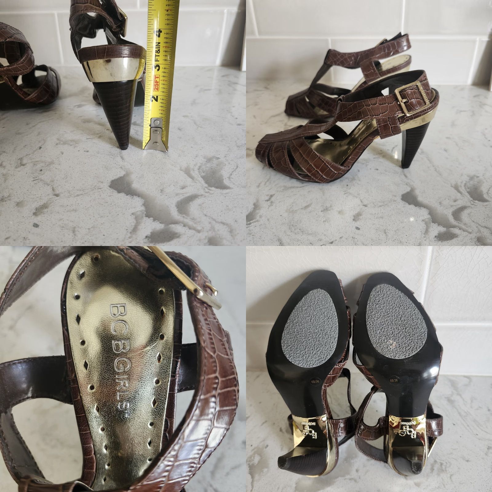 Vintage BCBGirls Women’s Brown Gold Peep Toe Strappy Heels Mary Jane 6B Brown Gold Strappy Heels Womens Shoes Size US 7 / IT 37 - 8 Thumbnail