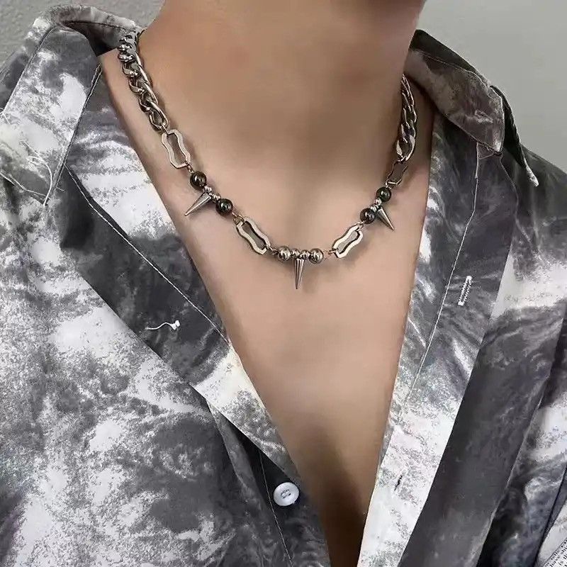 Jewelry × Vintage Dark Rivet Splicing Stainles Steel Bead Cuban Chain Necklace Size ONE SIZE - 1 Thumbnail