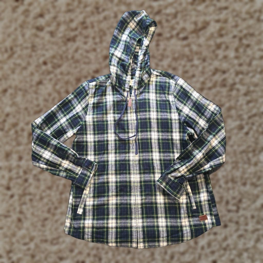 Vintage LL Bean Top Womens M Green Scotch Plaid Flannel Relaxed Full Zip Hoodie Shirt Size M / US 6-8 / IT 42-44 - 1 Thumbnail