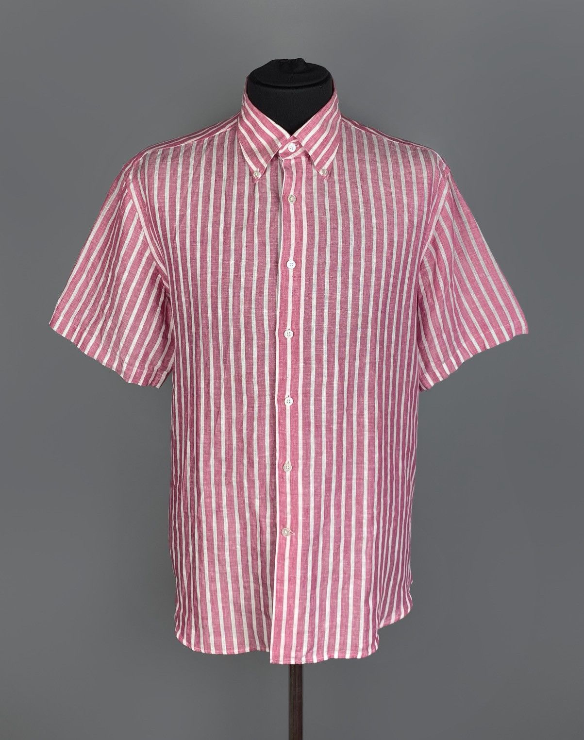 Men's CANALI Linen Pink Striped Short Sleve Shirt Size 2XL