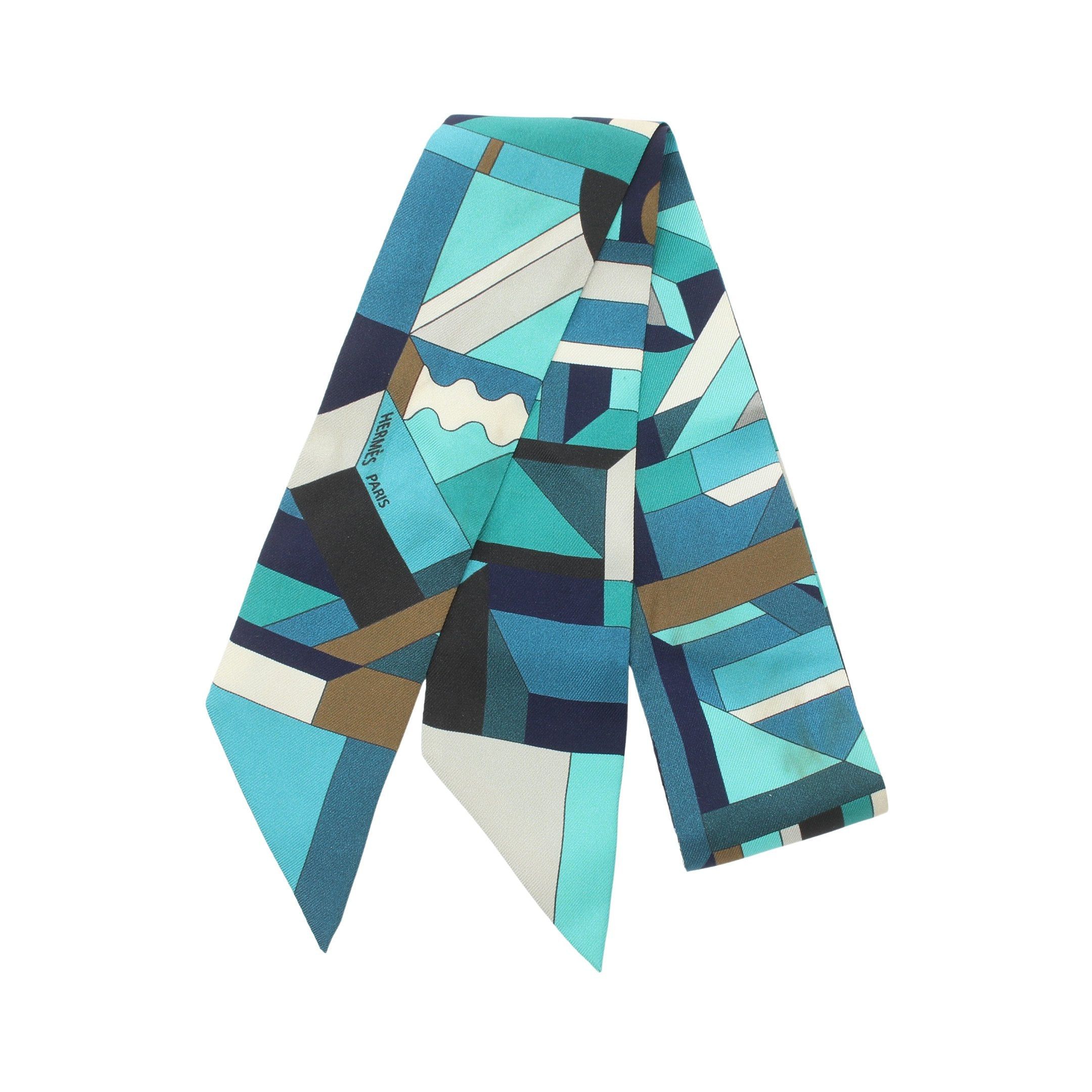 image of Hermes Twilly Perspective Cavaliere Ribbon Scarf Silk Light Blue Multicolor, Women's