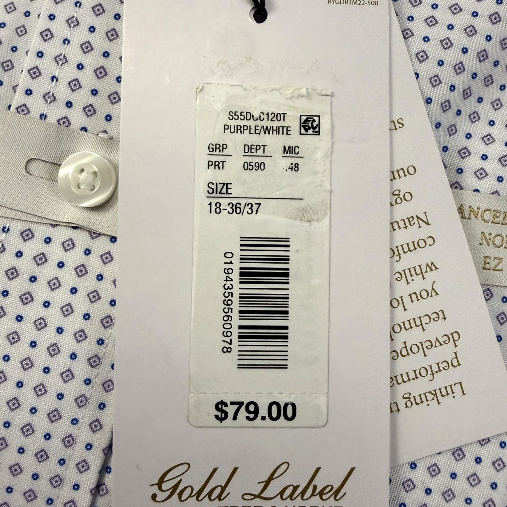 Roundtree & Yorke VINTAGE Roundtree & Yorke Gold Label Shirt Mens 18 36/37 Tall White Geometric Non-Iron Purple Accent Mens Size US XXL / EU 58 / 5 - 6 Thumbnail