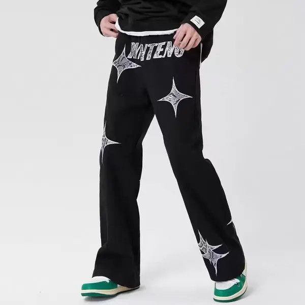 Japanese Brand Black high street ins embroidered versatile wide leg jeans Size US 31 - 5 Thumbnail