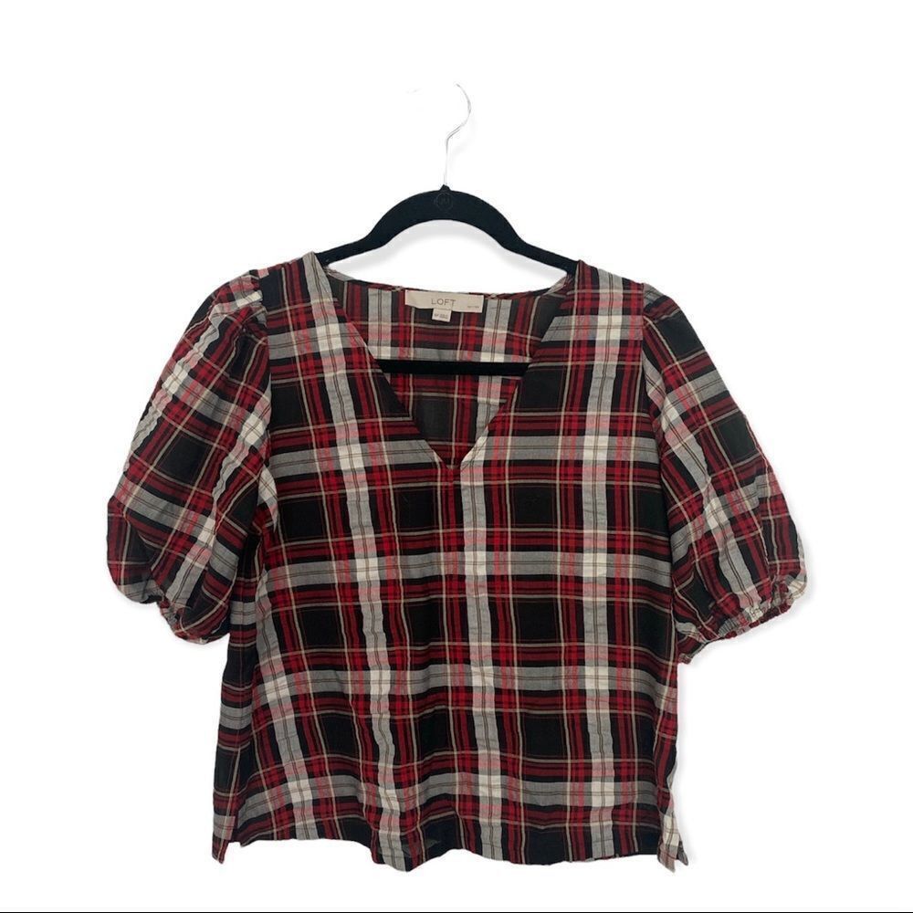 Loft LOFT Petite XSP Plaid Bubble-Sleeve Blouse – Red Black White Size XS / US 0-2 / IT 36-38 - 2 Thumbnail