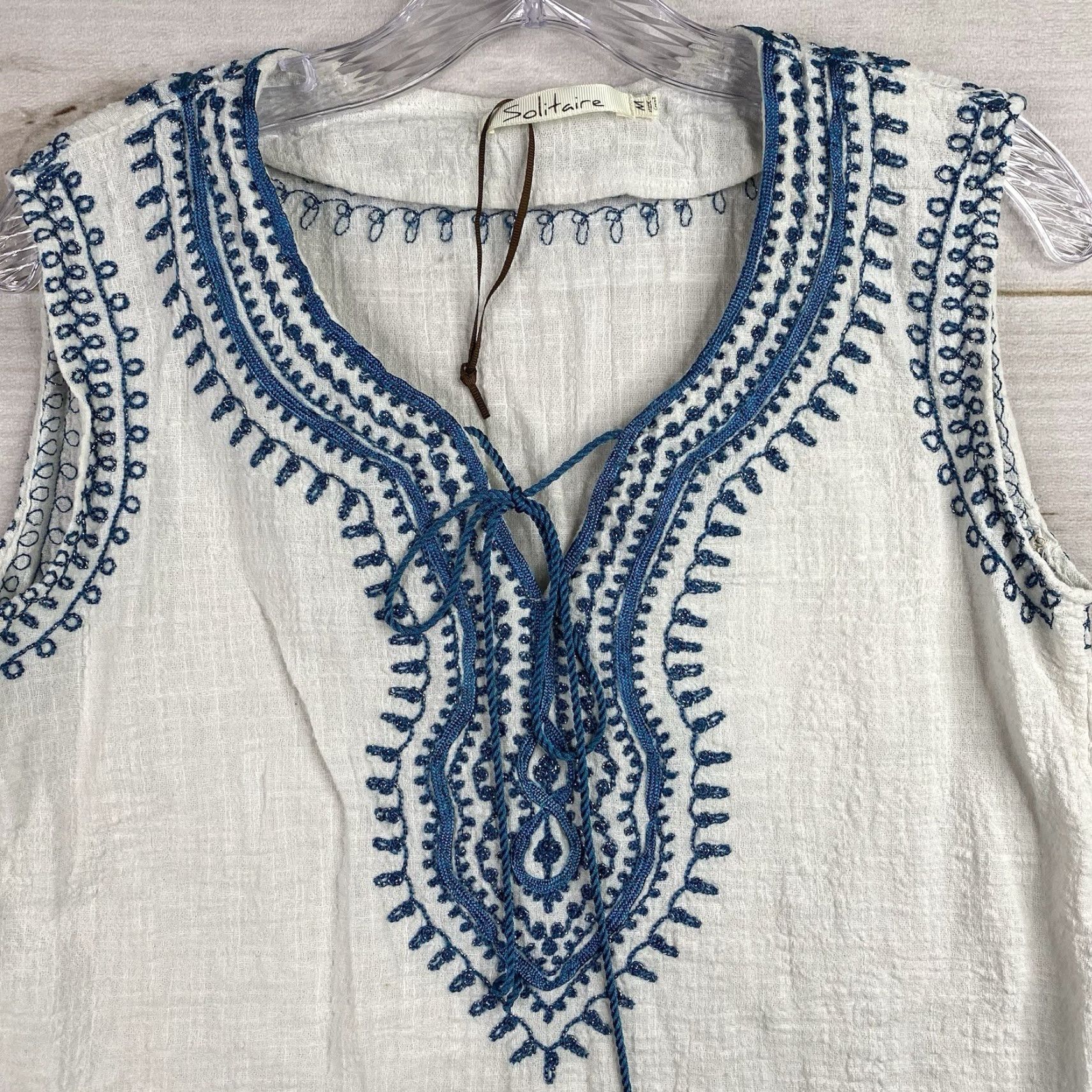 Vintage Solitaire Womens Top M White Embroidered Boho Tie Neck Sleeveless Chiffon Cotton Casual Shirt Size M / US 6-8 / IT 42-44 - 2 Thumbnail