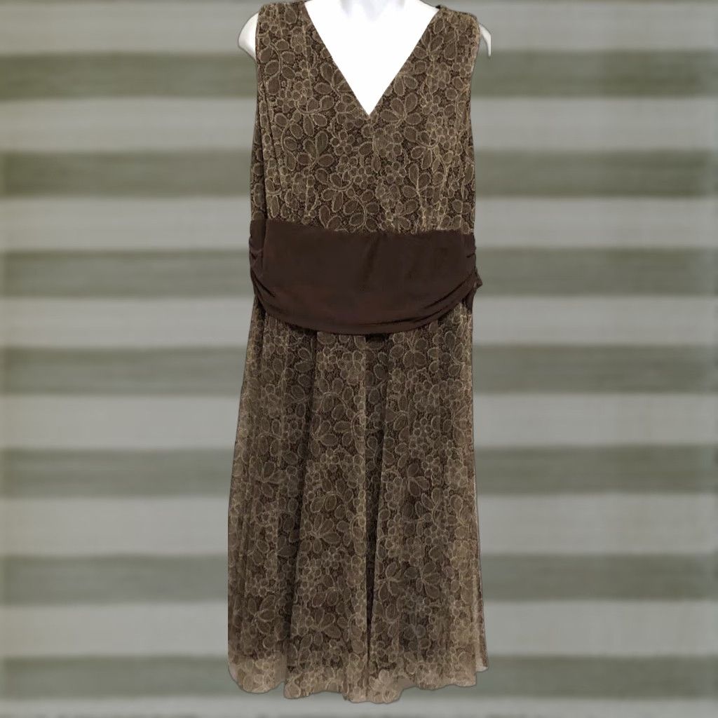 London Times Sleeveless Midi Dress 20W Brown Floral Lace Sash Tie Waist Fairy - Vintage? no