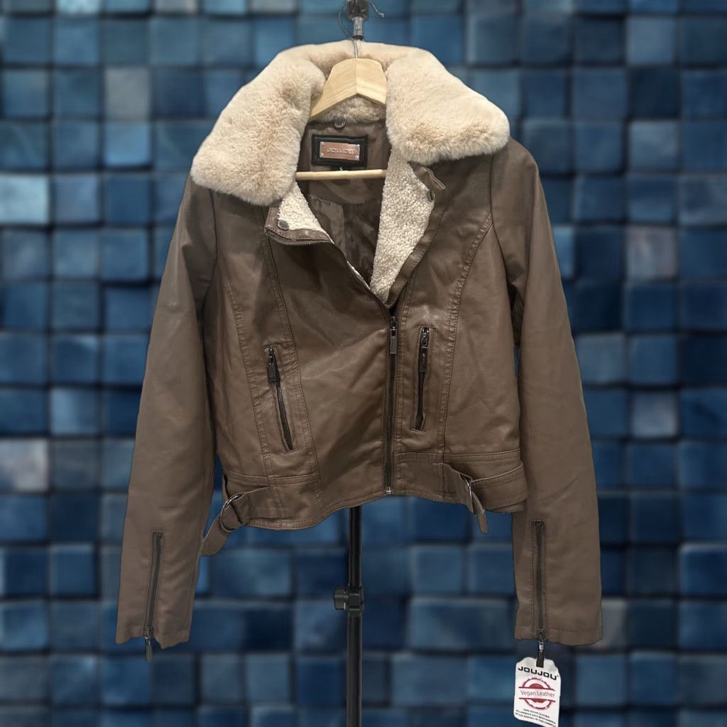 Vintage NEW JouJou Pilot Brown Vegan Leather Faux Fur Motorcycle Jacket S Women Biker Short Zip Lined Buckle Zipper Regular Fit | Fall Spring Winter Size S / US 4 / IT 40 - 1 Thumbnail