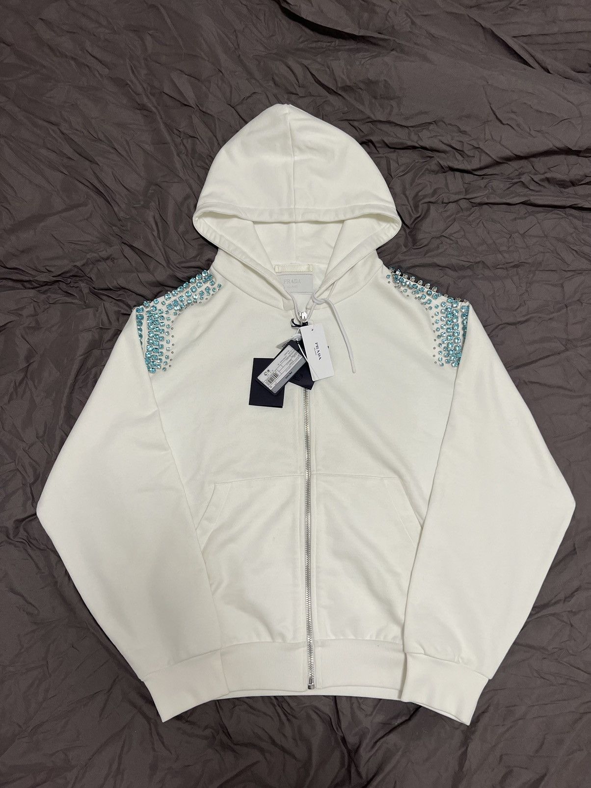トップス 00s prada elbow patch zip hoodie white Prada Prada Crystal White Hoodie | Grailed