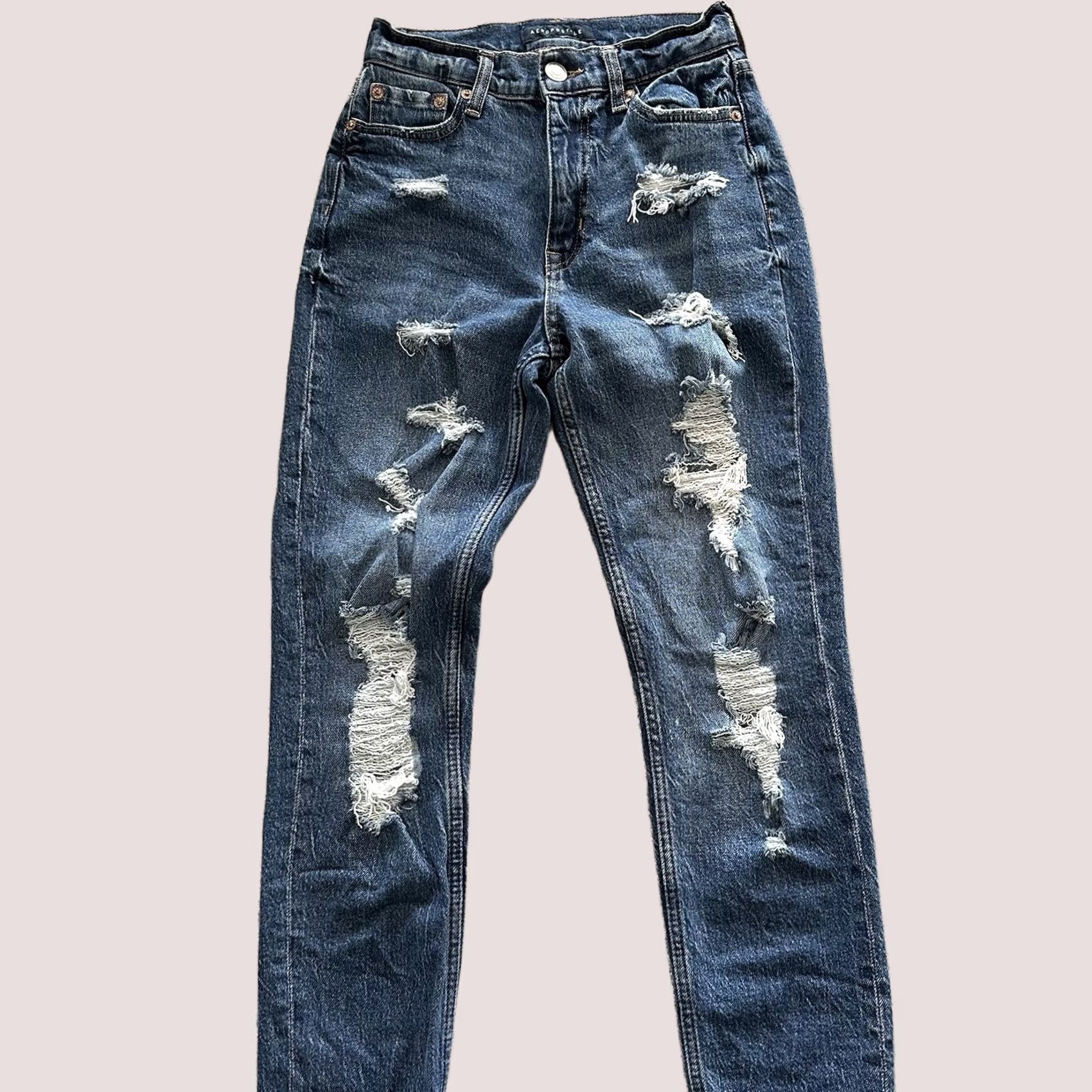 Vintage AeroPostale Jeans Women’s 000 23x25 High Rise Mom Distressed Denim Blue Regular 5-Pocket 90s Style Womens Size 40" / US 18 - 1 Thumbnail