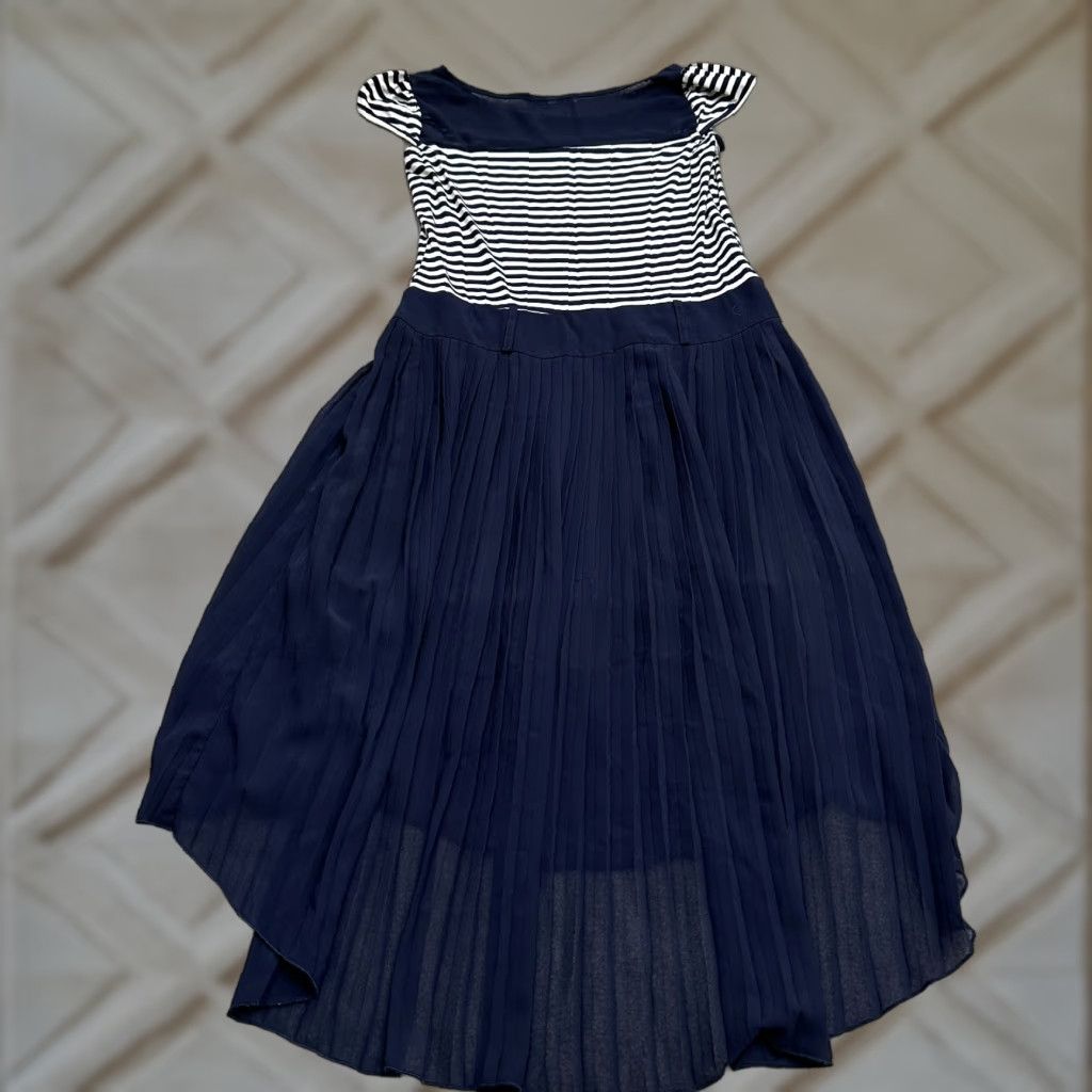 Vintage Avonan Dress Womens A-Line Midi Striped Blue White Cap Sleeve Pleated Size L / US 10 / IT 46 - 1 Thumbnail
