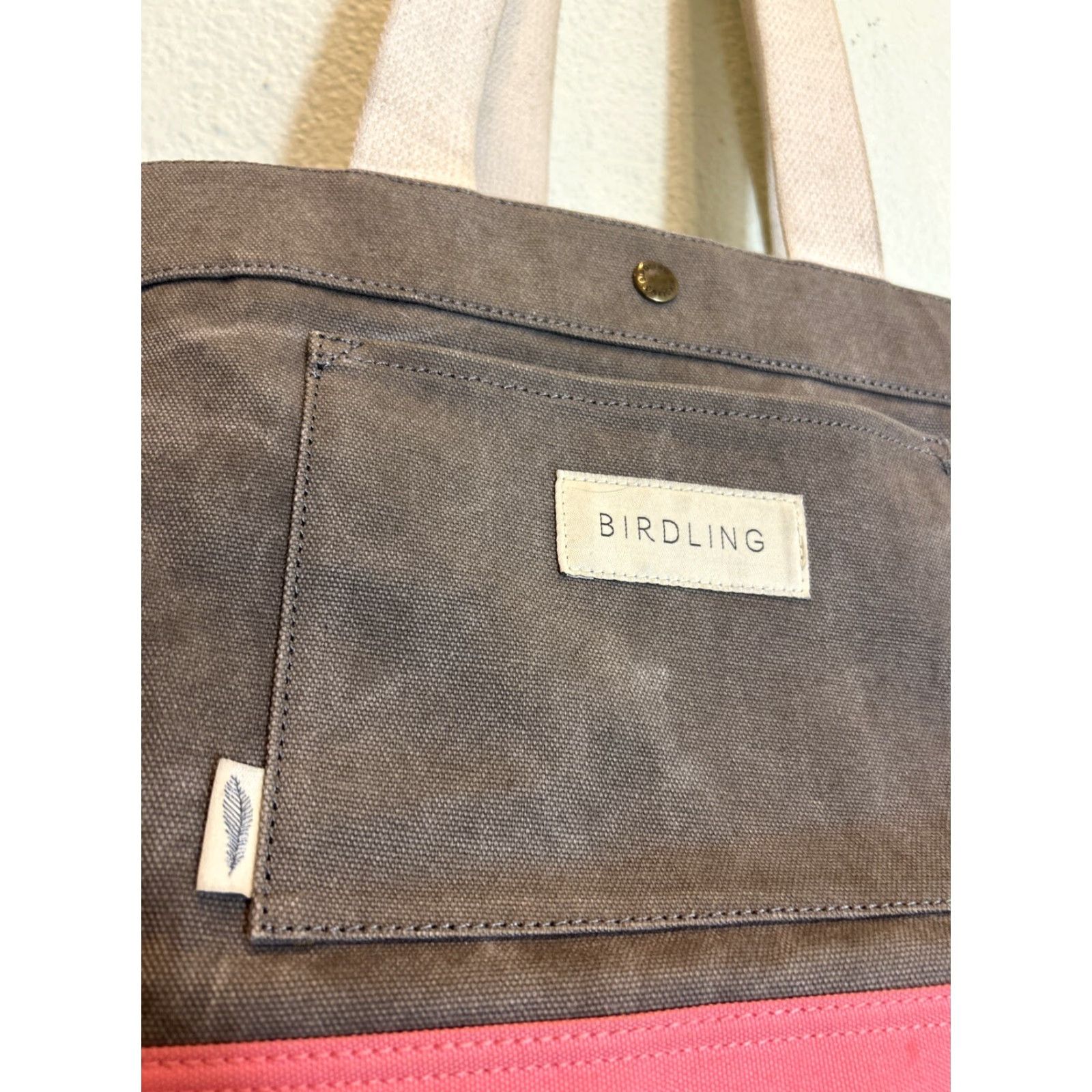 Vintage BIRDLING Tote Bag Medium Canvas Gray Pink Shoulder Interior Pouch 14x11x7 Unisex Adults Large Gray Hardware Pockets Size ONE SIZE - 4 Thumbnail