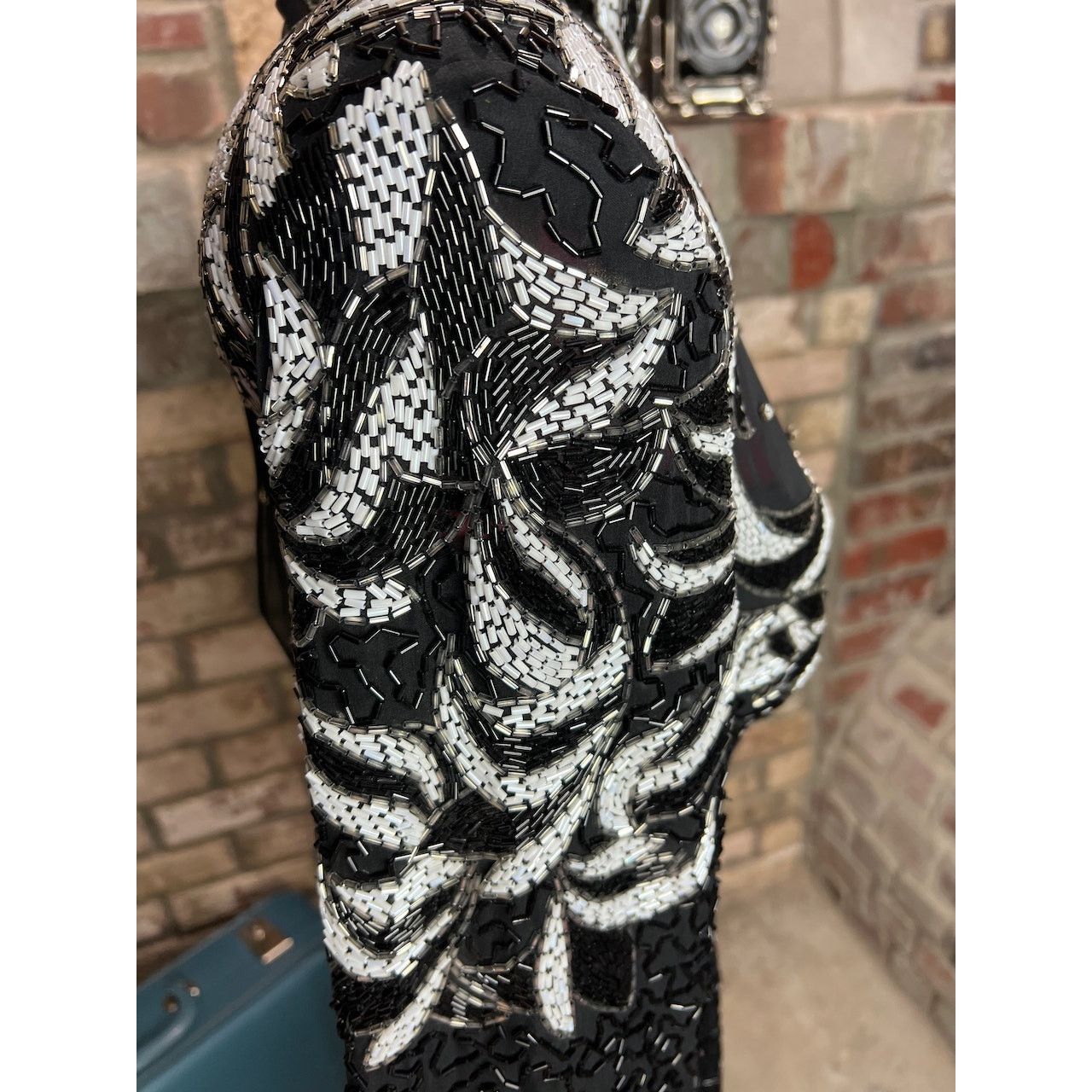 Vintage dress 100% silk beaded sheer bust high collar black white Size L / US 10 / IT 46 - 14 Thumbnail