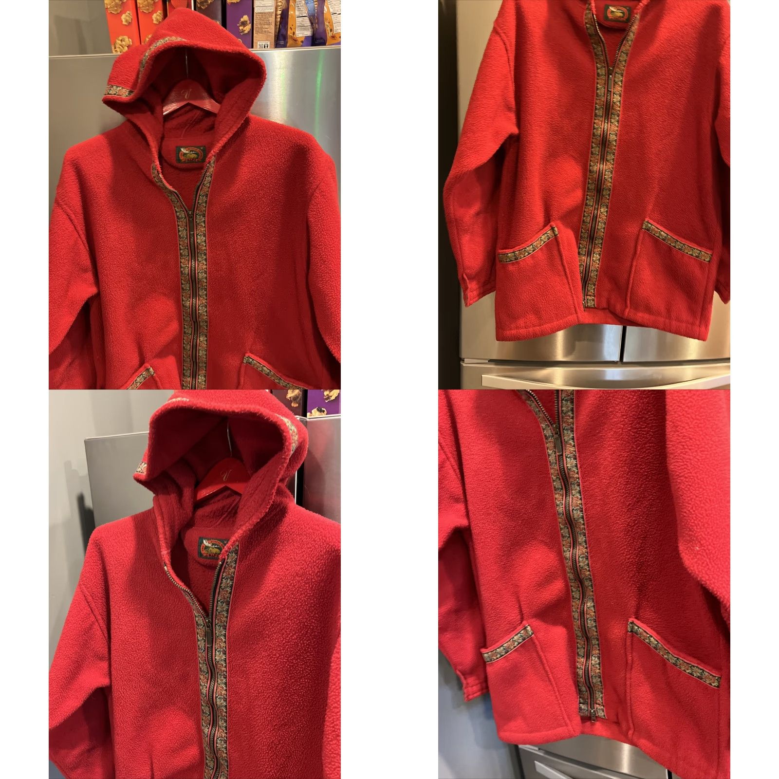 Vintage VINTAGE Alps Jacket, Hooded Fleece Zip, Red, Floral Tapestry Trim, Long, Pockets, M, Women's, 90s Bohemian, Fall/Winter, Cozy, Coat, Coat/Jacket Size M / US 6-8 / IT 42-44 - 10 Thumbnail