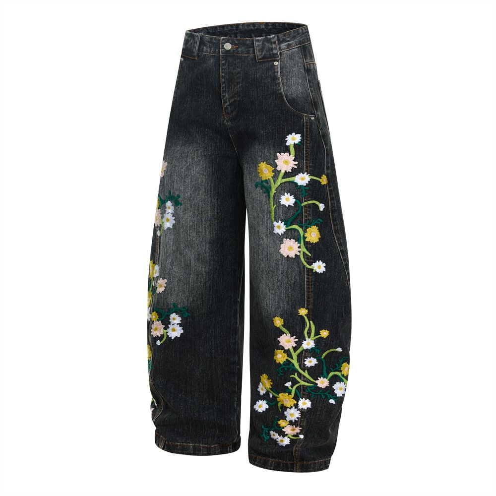 Jean Washed gradient men's floral embroidered curved blade jeans Size US 32 / EU 48 - 2 Thumbnail