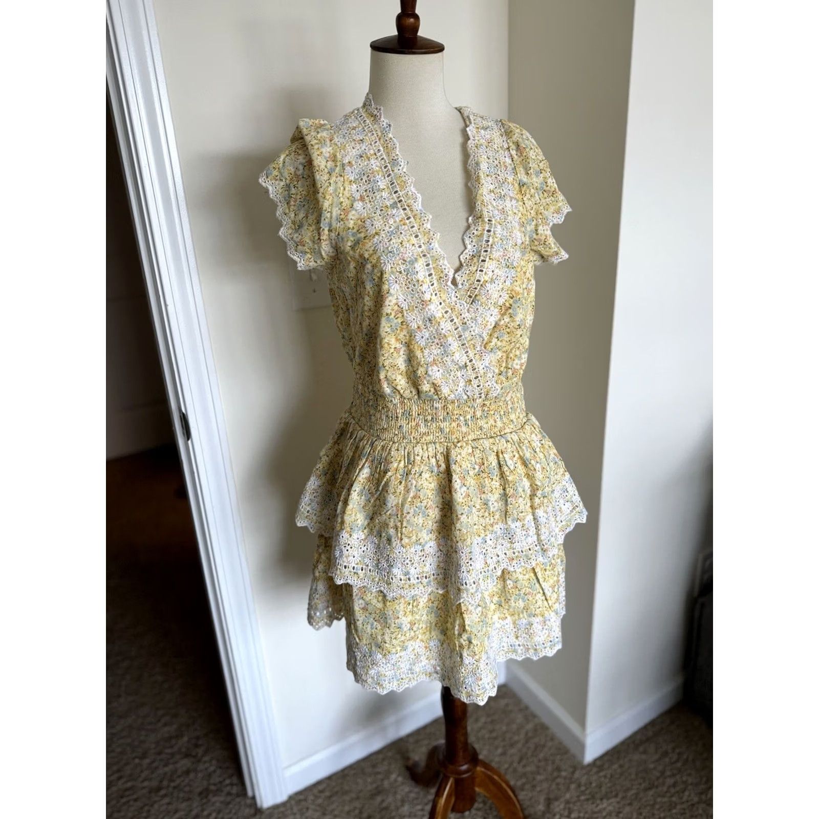 American Eagle Outfitters American Eagle Women's Floral Ruffle Tiered Mini Dress Yellow Med Size M / US 6-8 / IT 42-44 - 3 Thumbnail