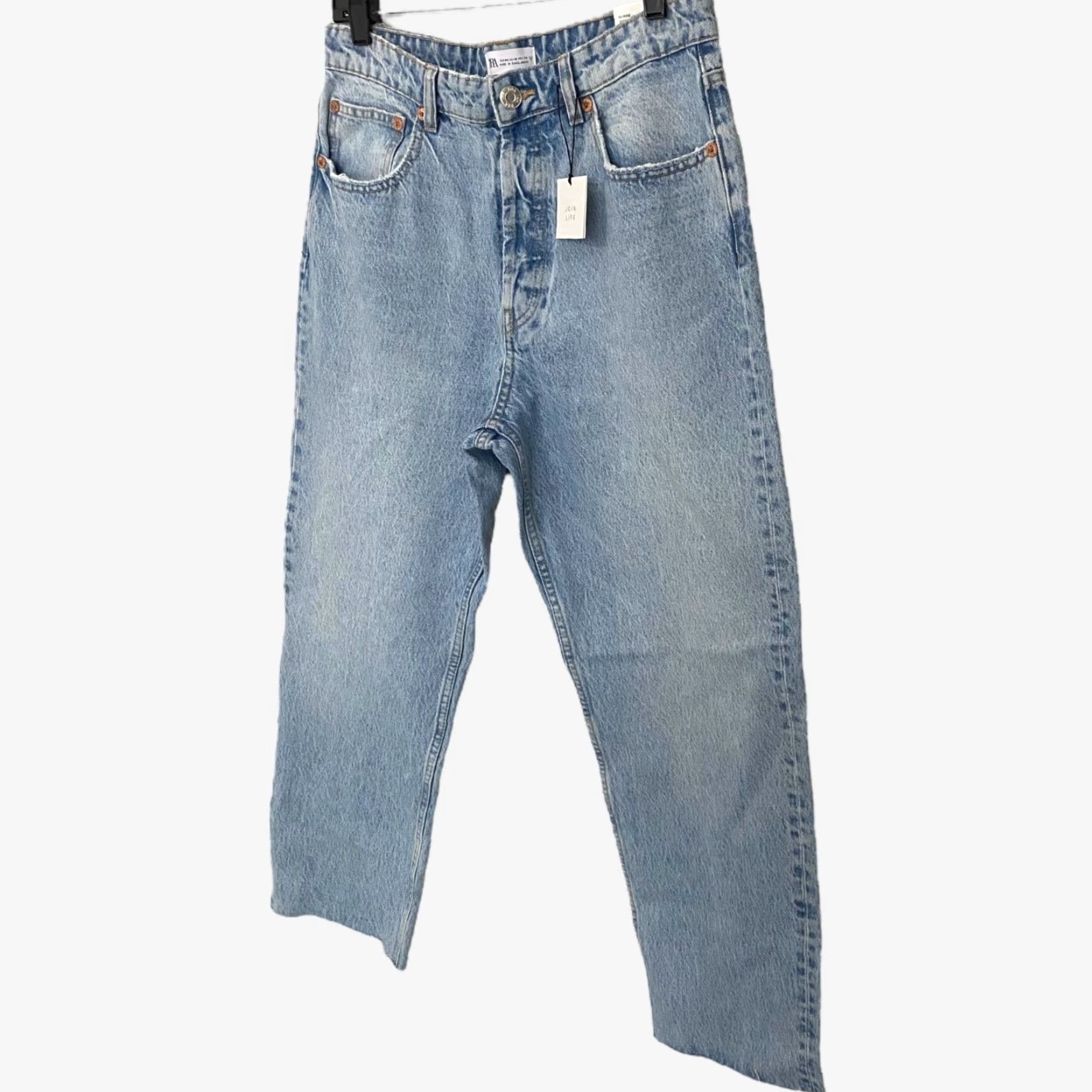 Zara ZARA High-Waisted Denim Jeans Blue Womens Size 12 Straight-Leg Raw-Hem New Size 34" / US 12 / IT 48 - 2 Thumbnail