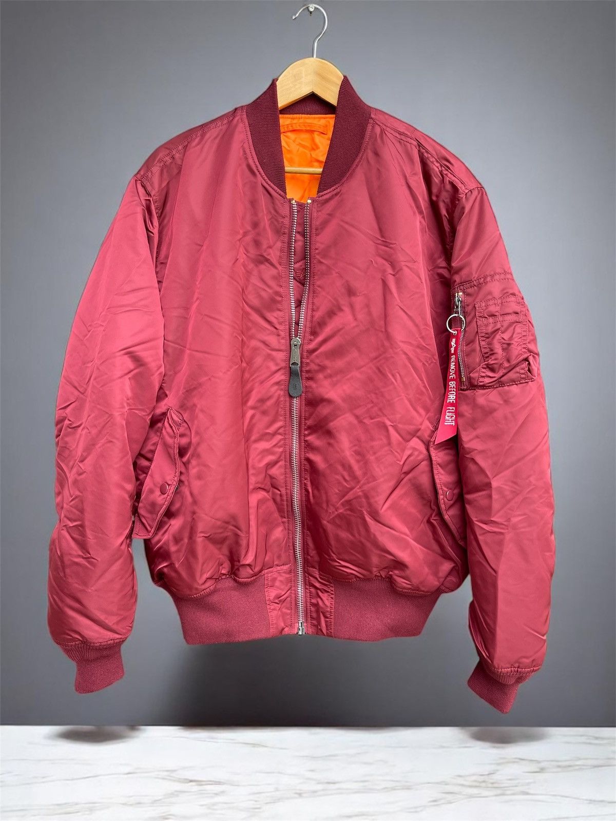 Ma Alpha Industries Red Jacket MA-1 Zip Hood Back Print Bomber