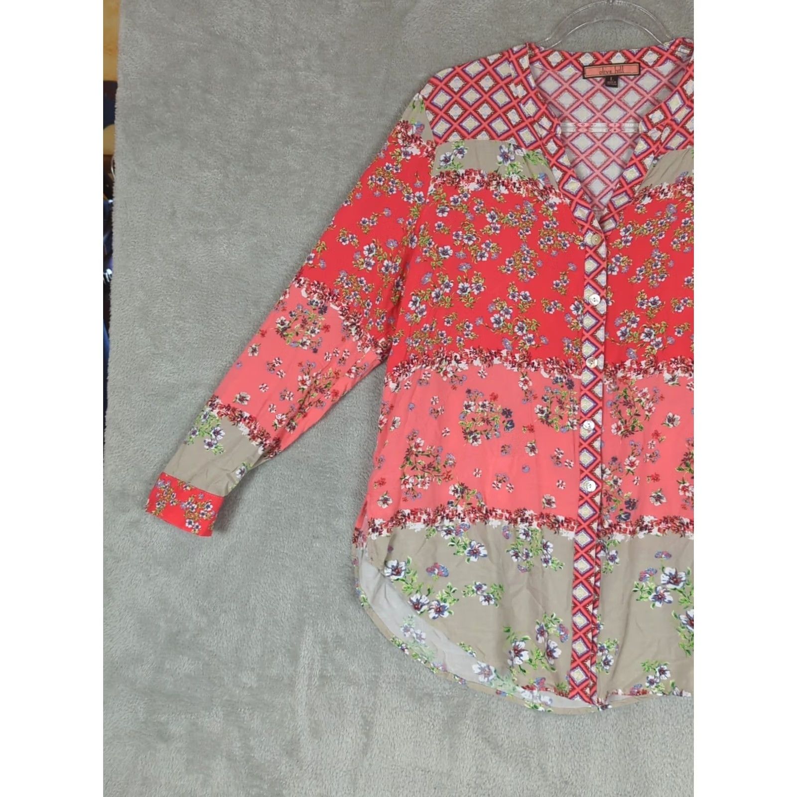 Anthropologie Anthropologie Olive Hill Boho Blouse Tunic Top Floral Multicolor L Womens V-Neck Roll Tab Sleeve House Holiday Party/Cocktail Travel Workwear Casual Size L / US 10 / IT 46 - 2 Thumbnail