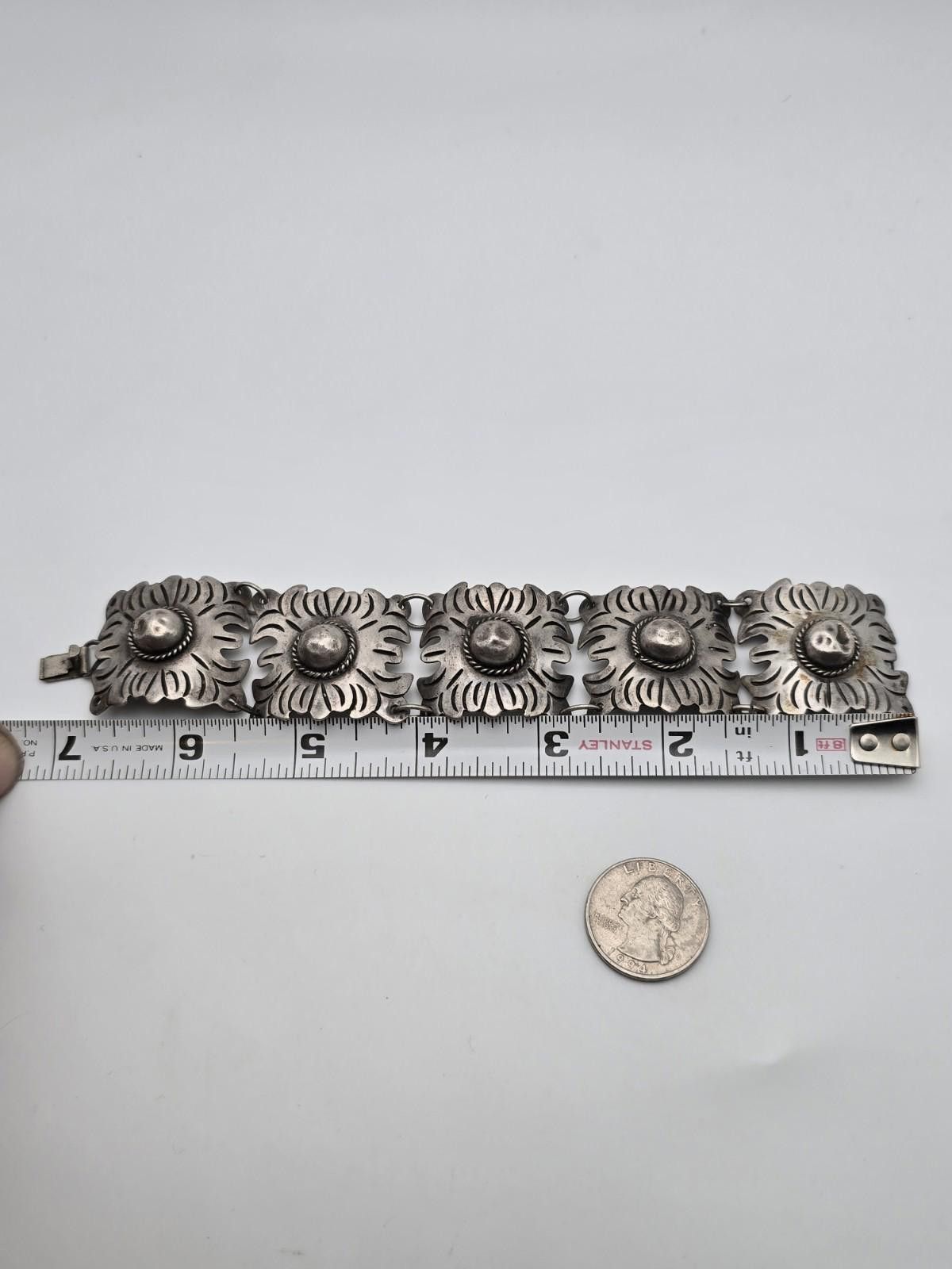 Other Vintage Mexican Silver Bracelet Hand-Stamped Floral 50s Size ONE SIZE - 2 Thumbnail