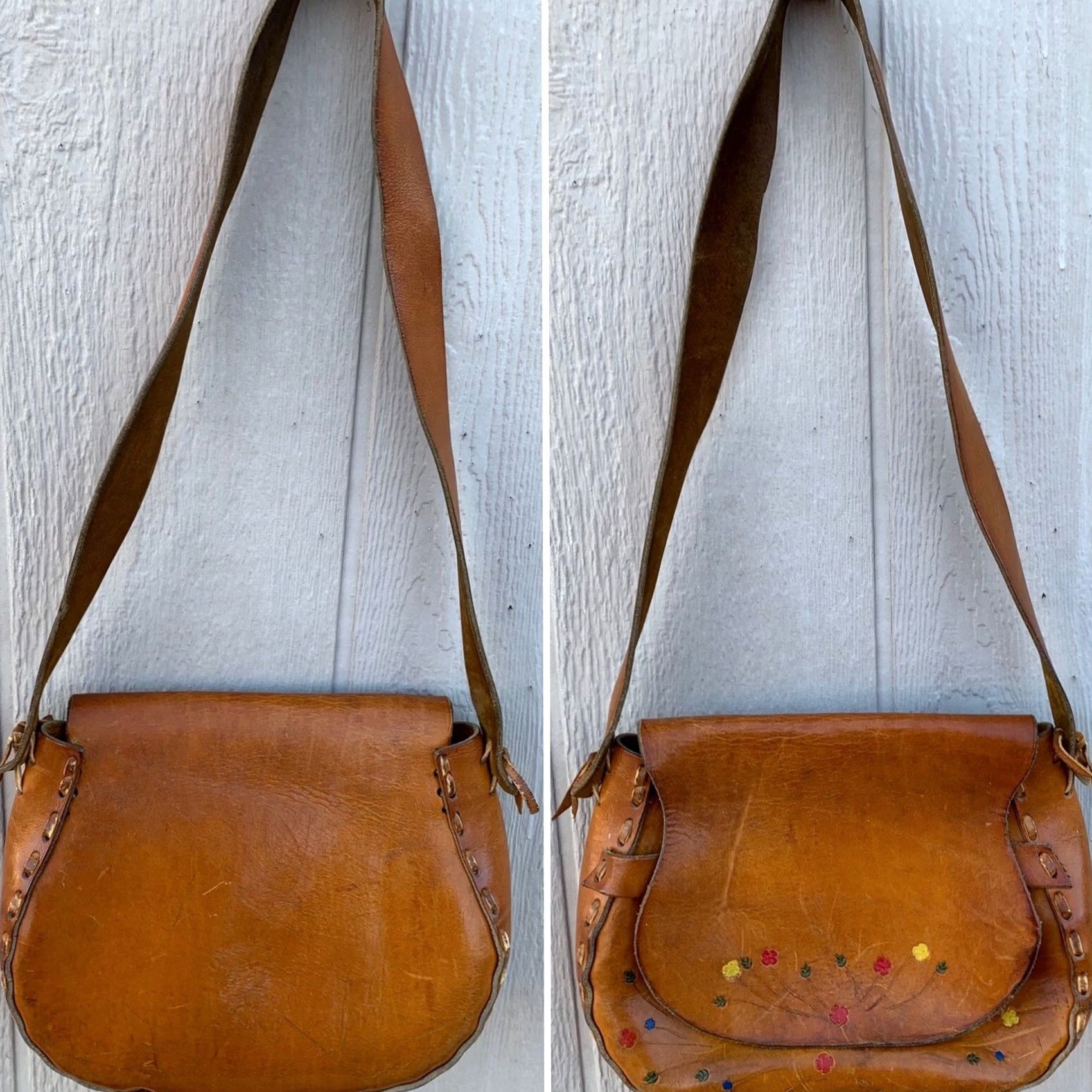 Vintage VINTAGE Leather Purse Tooled Floral Painted Shoulder Bag Hippie Chic Boho Hippy Women Brown 1970s Size ONE SIZE - 6 Thumbnail