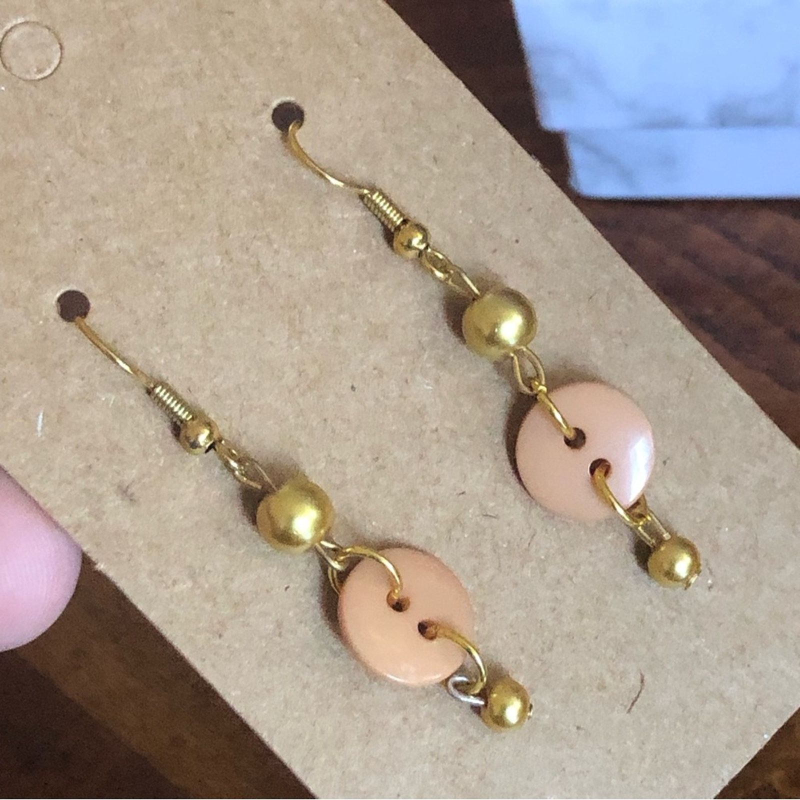 Handmade Handcrafted button gold tone dangle earrings Size ONE SIZE - 2 Thumbnail