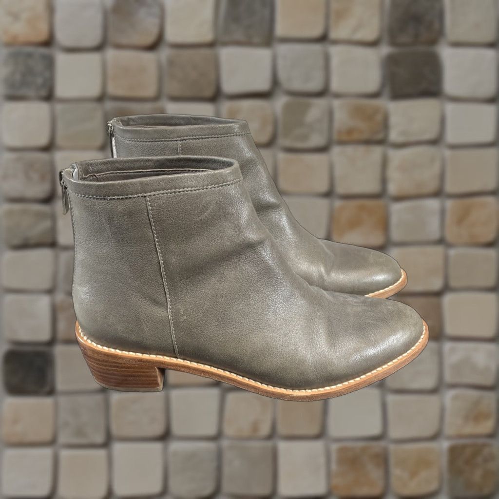 Loeffler Randall Bootie Women 7.5 B Felix Olive Leather Block Heel Shoes Ankle Zip Boots in Green