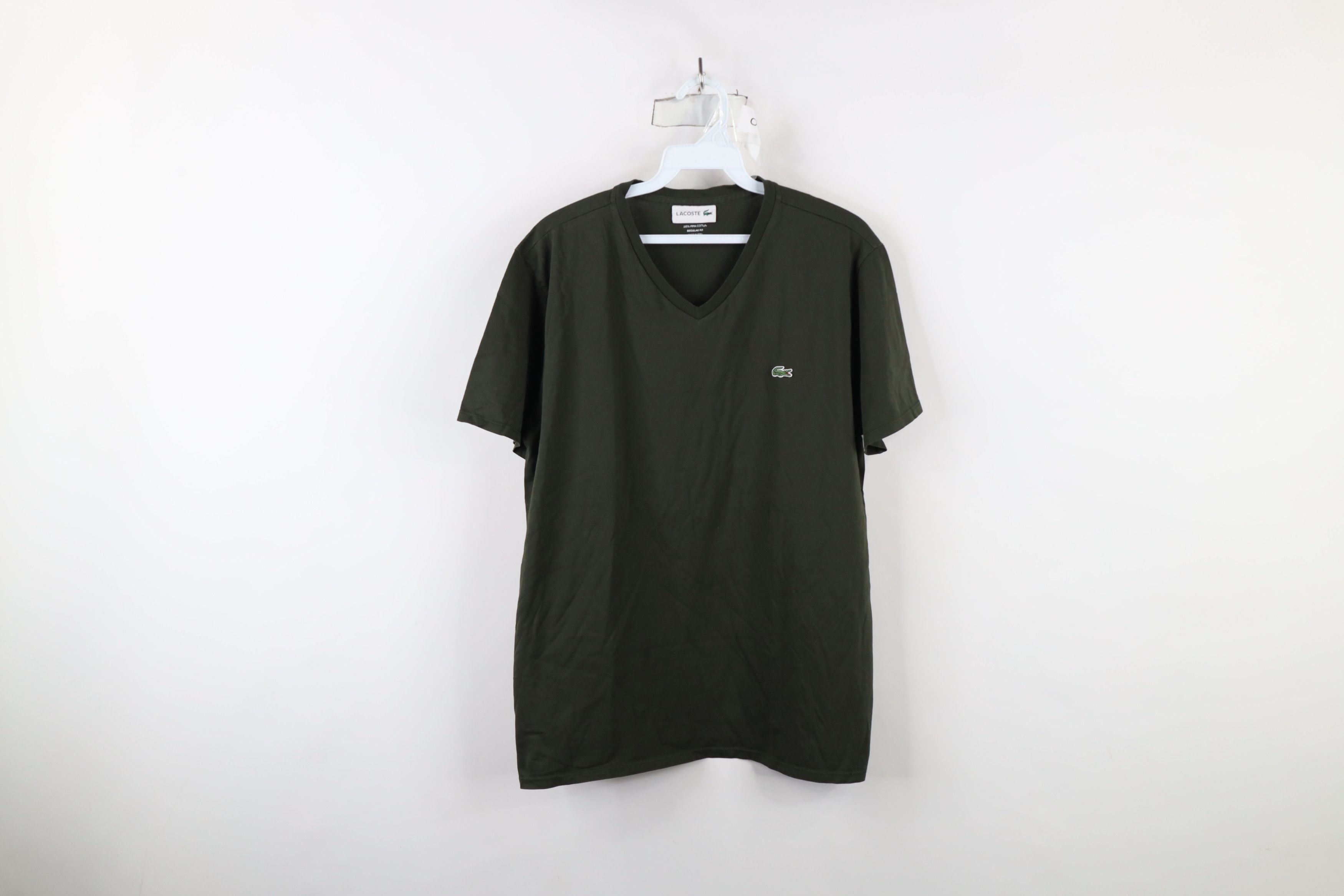 Lacoste × Vintage Lacoste Distressed Croc Logo V-Neck T-Shirt Olive Green Size US L / EU 52-54 / 3 - 1 Thumbnail