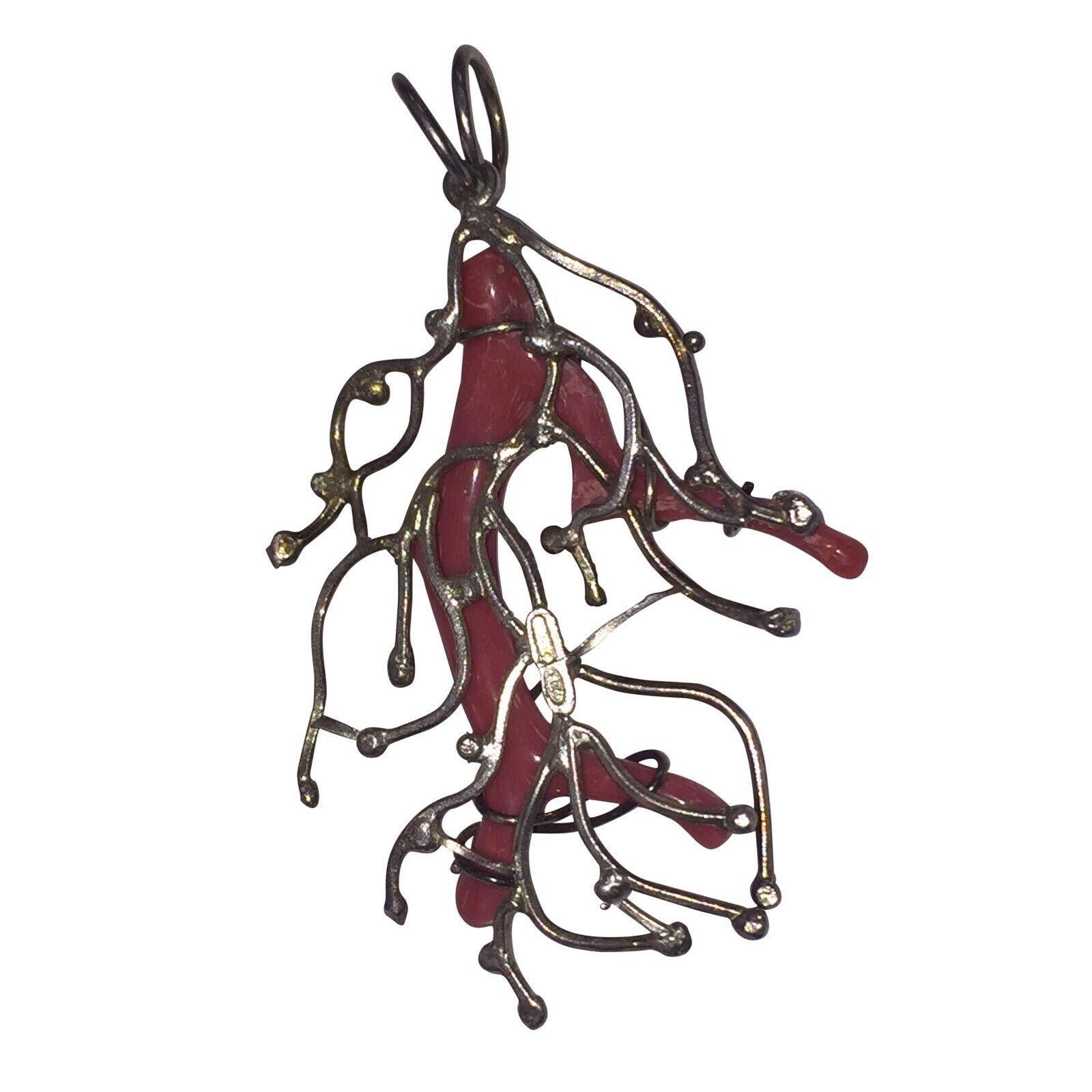 Handmade Abstract Sterling Silver Sardinian Branch Red Coral Pendant Size ONE SIZE - 4 Thumbnail