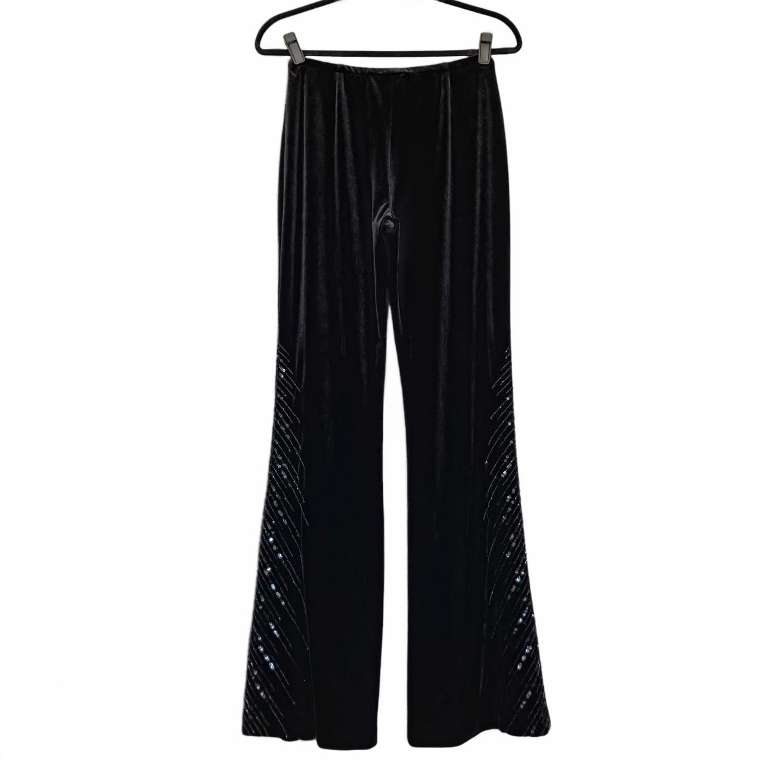 Designer Vintage Adrianna Papell Black Velvet Flare Pants w/ Sequins Size 28" / US 6 / IT 42 - 2 Thumbnail
