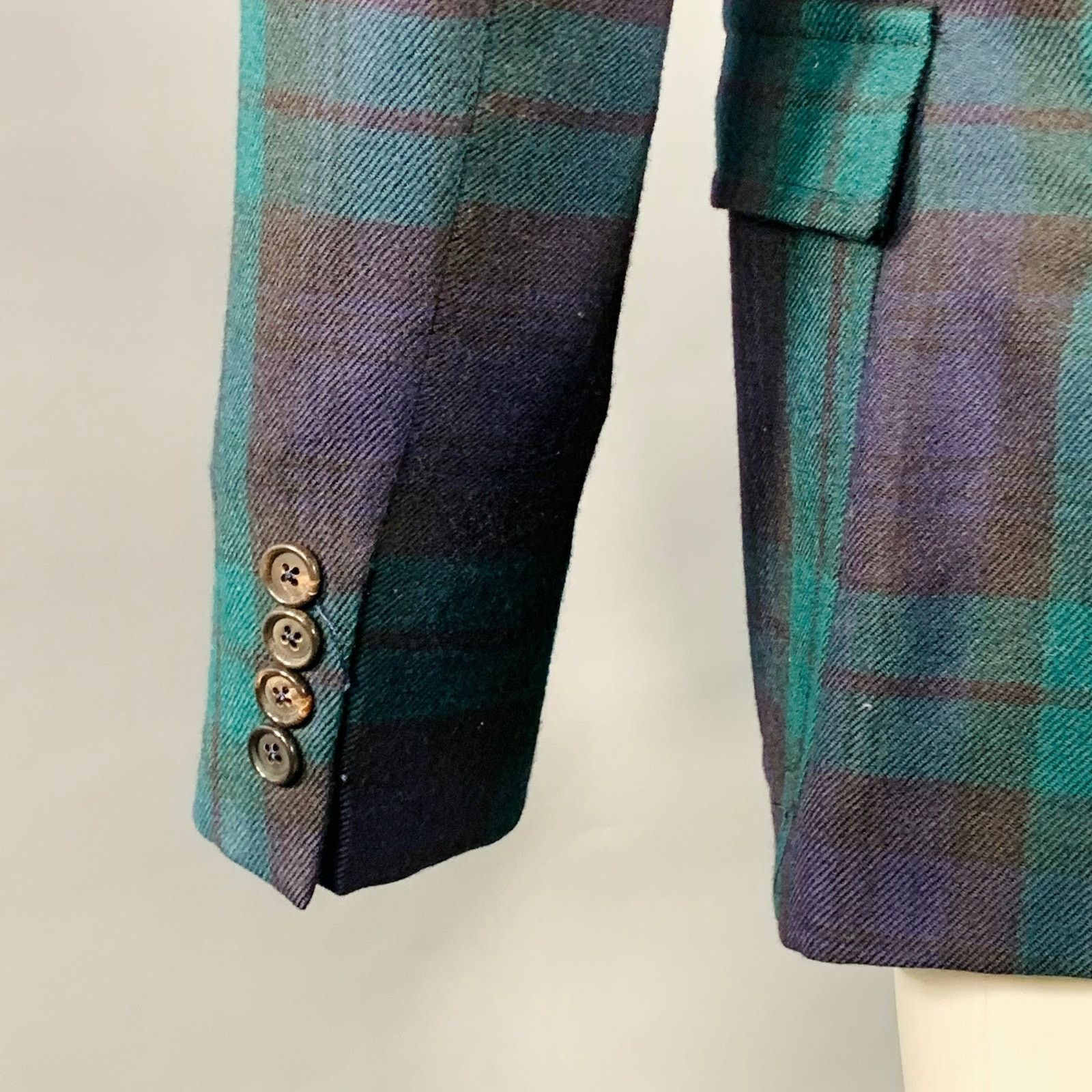 Band Of Outsiders BAND OF OUTSIDERS Green Blue Plaid Wool Twill Lapel Coat Size 40R - 5 Thumbnail
