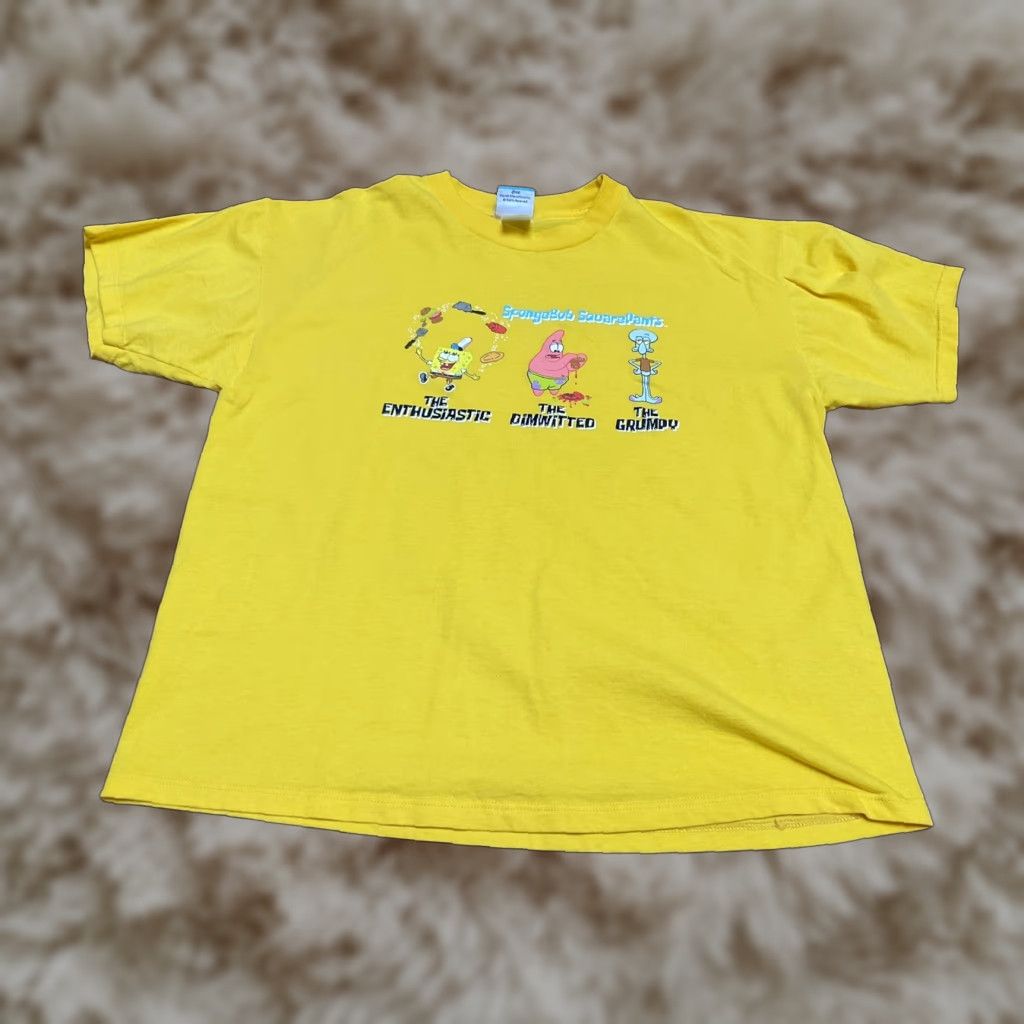 VINTAGE Nickelodeon SpongeBob SquarePants T-Shirt Mens XL Yellow Cotton Crew Neck 3/4 Sleeve Graphic Logo 2000-2009 Hip Hop 90s 80s Hipster