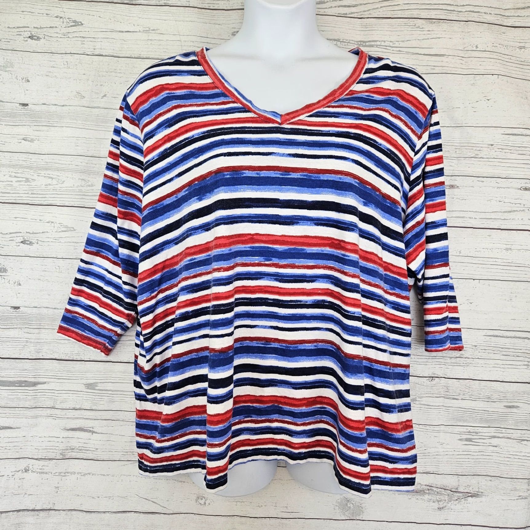 Vintage Woman Within Womens Top 3X T-Shirt Blue Red Stripe 3/4 Sleeve Cotton Size XXL / US 16-18 / IT 52-54 - 2 Thumbnail