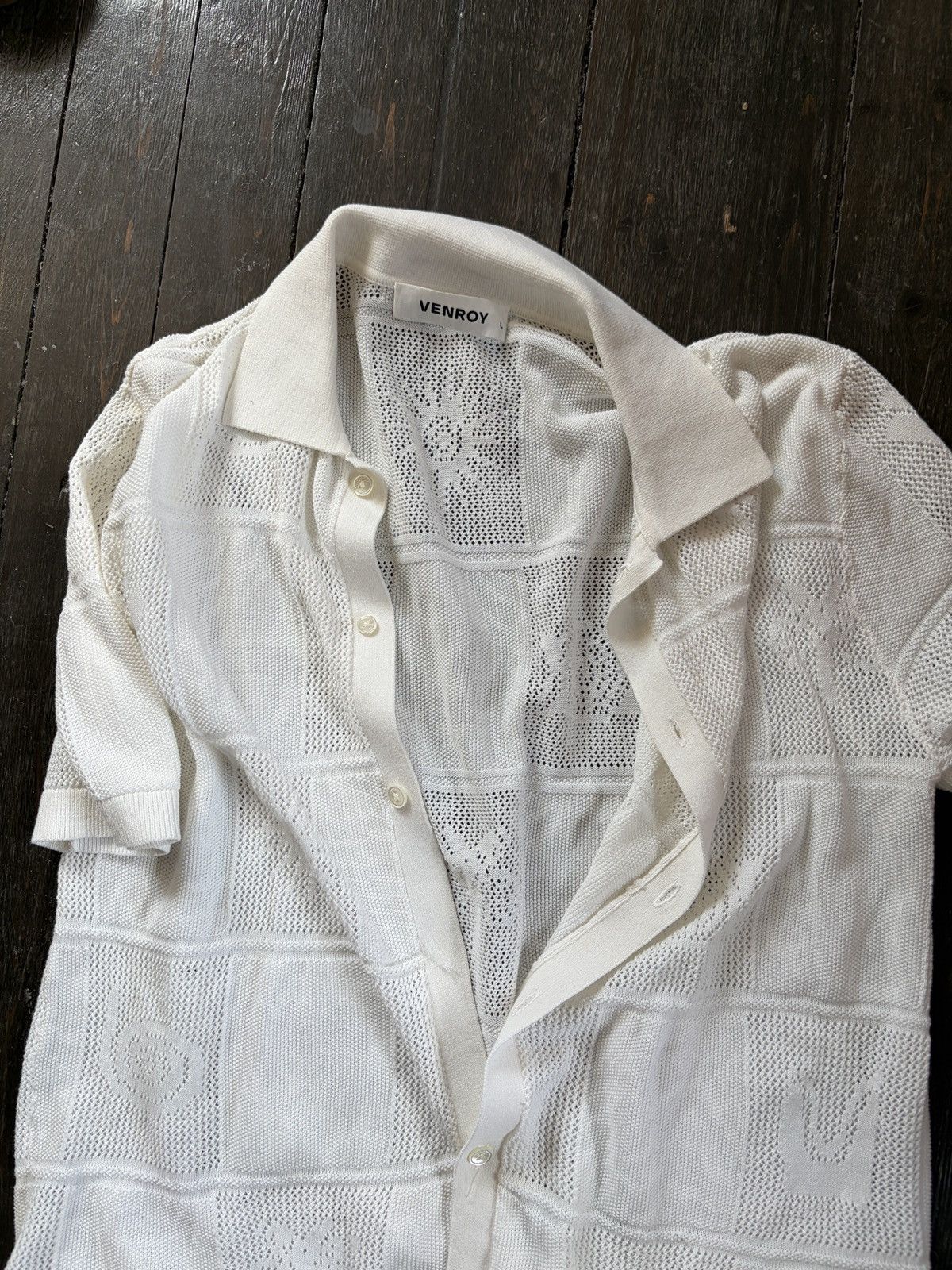 Venroy Venroy Textured Knit Shirt White Cotton Crochet L Size US L / EU 52-54 / 3 - 2 Thumbnail