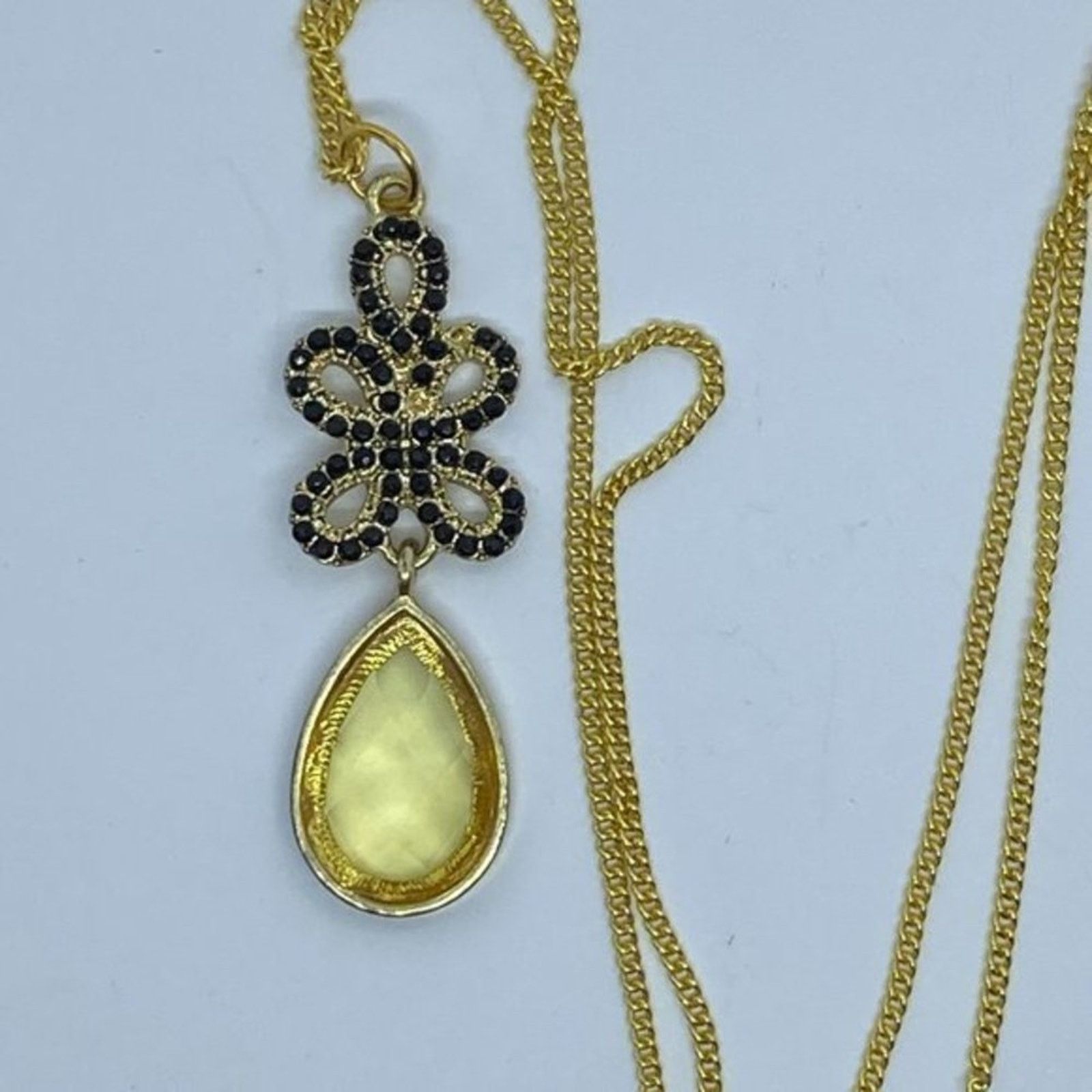 Handmade Gold-Tone Black Beaded Yellow Rhinestone Pendant Size ONE SIZE - 5 Thumbnail
